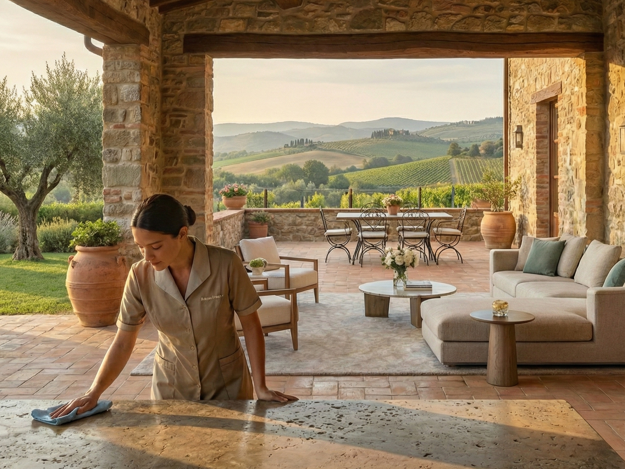 A woman cleaning a marble countertop in a spacious outdoor living area with a view of rolling hills and vineyards, featuring a stone patio, garden, and outdoor furniture.