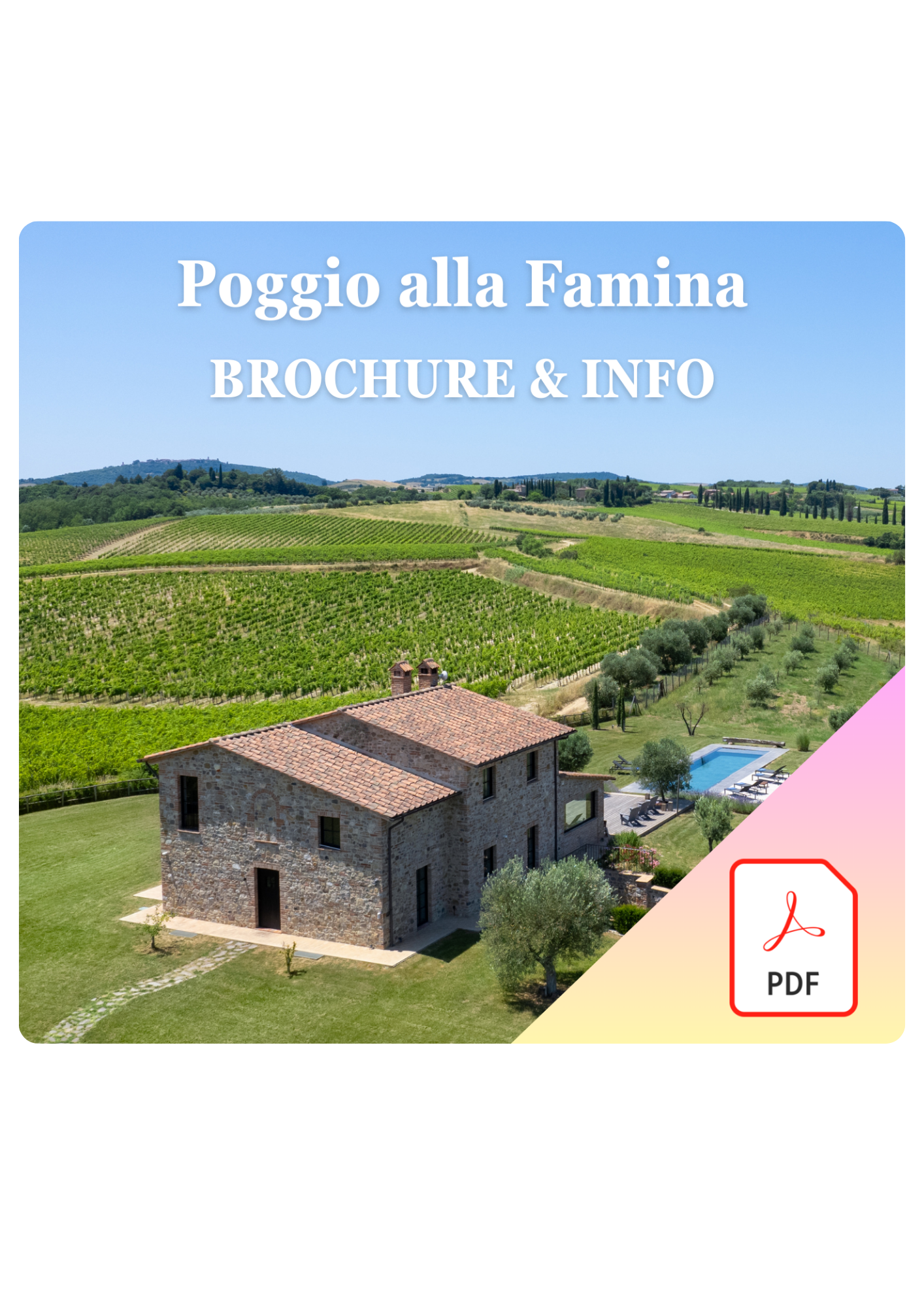 Brochure cover with scenic landscape of rolling hills, vineyards, and a stone house with a swimming pool in the countryside.