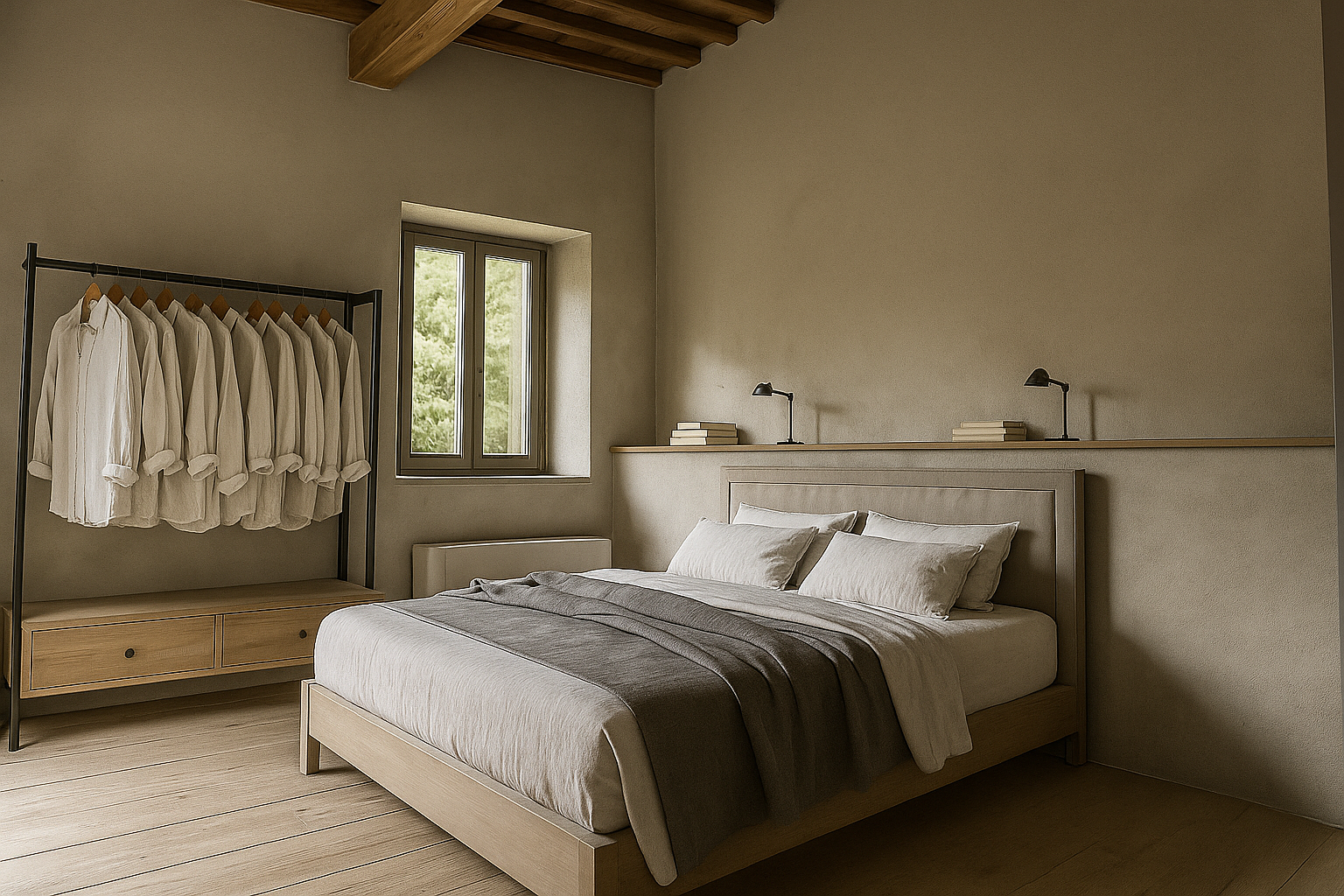 A minimalist bedroom with a large bed, white pillows, gray blanket, wooden headboard, small black reading lamps, a window with a view of green trees, and a clothing rack with white shirts.