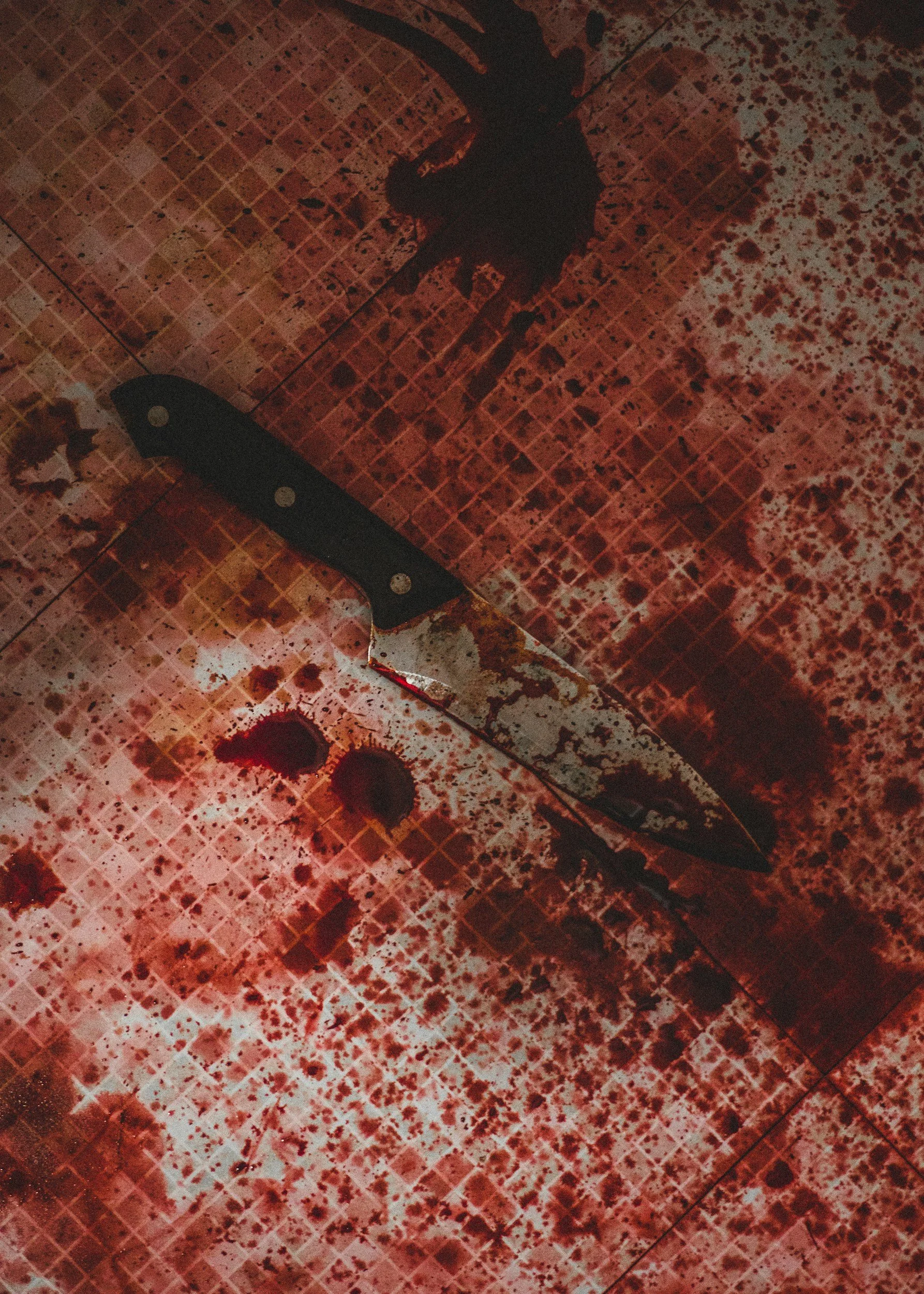 A blood-splattered kitchen or cutting area with a large kitchen knife covered in blood. Bloodstains and splatters are visible on the surface.