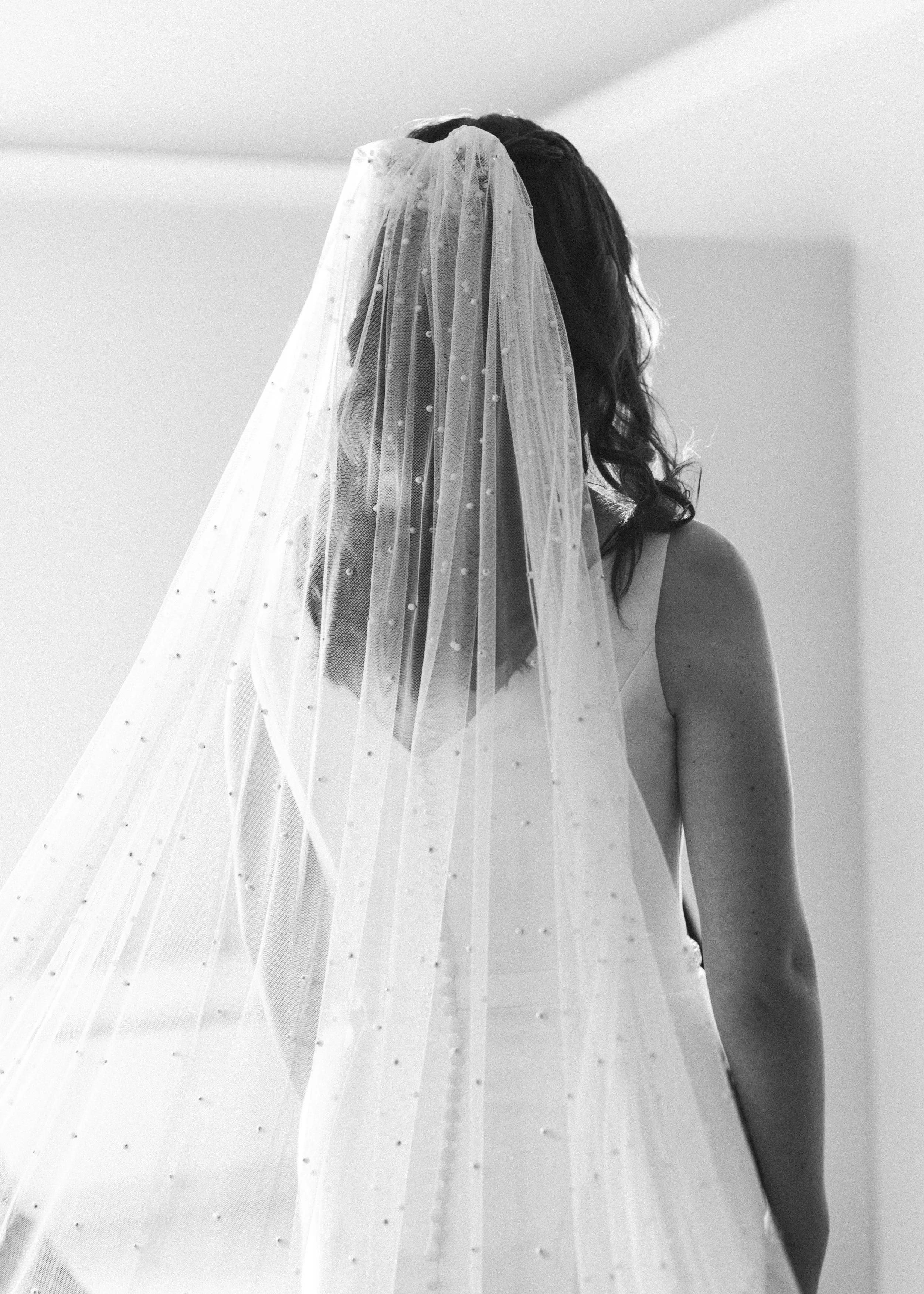 A woman seen from the back wearing a wedding dress and veil.