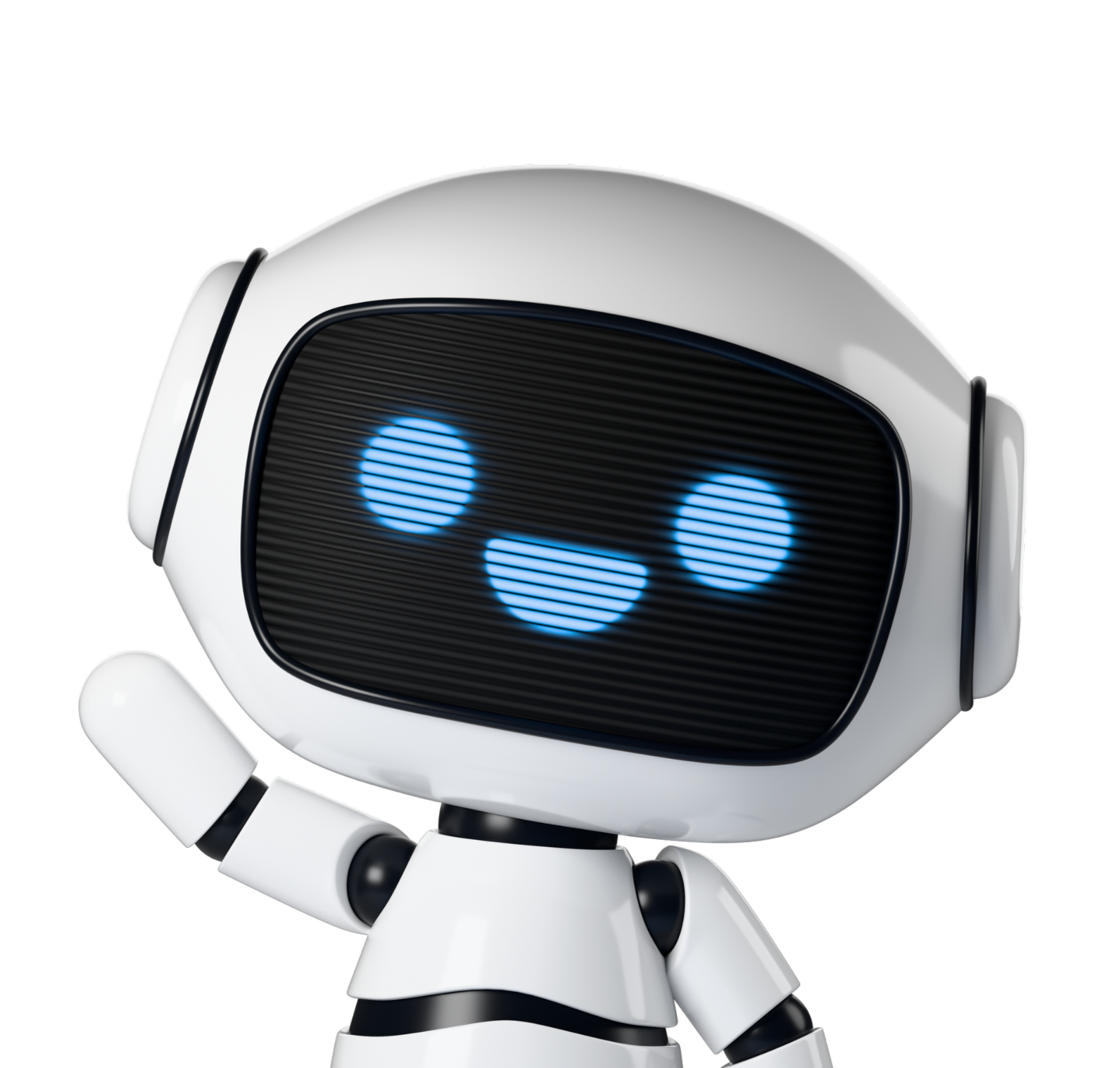 A robot with a white body and black joints, waving with one arm, has a screen face displaying two blue eyes and a blue smile.