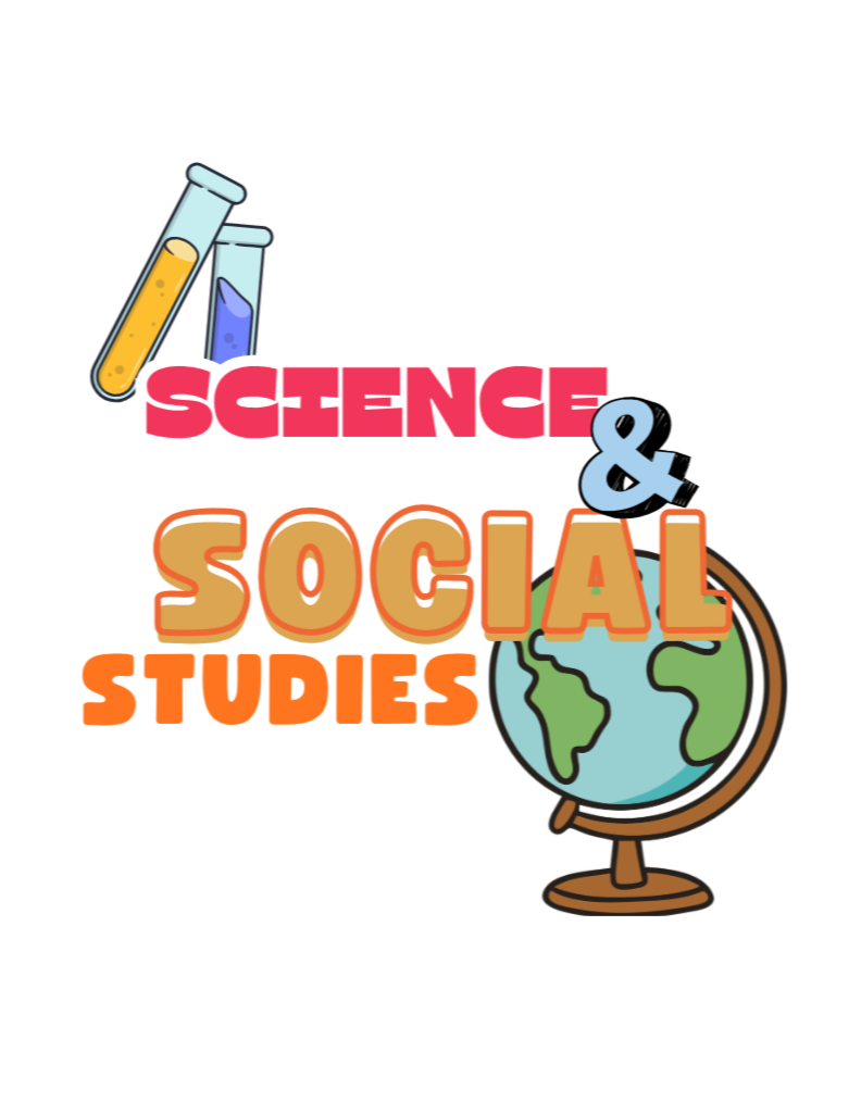 Colorful illustrated book cover with test tubes, a globe, and bold text reading "Science & Social Studies".