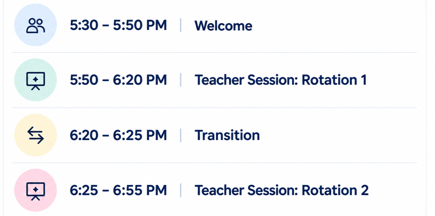 Schedule of events with time slots and descriptions, including welcome, teacher sessions, transition, and rotation.