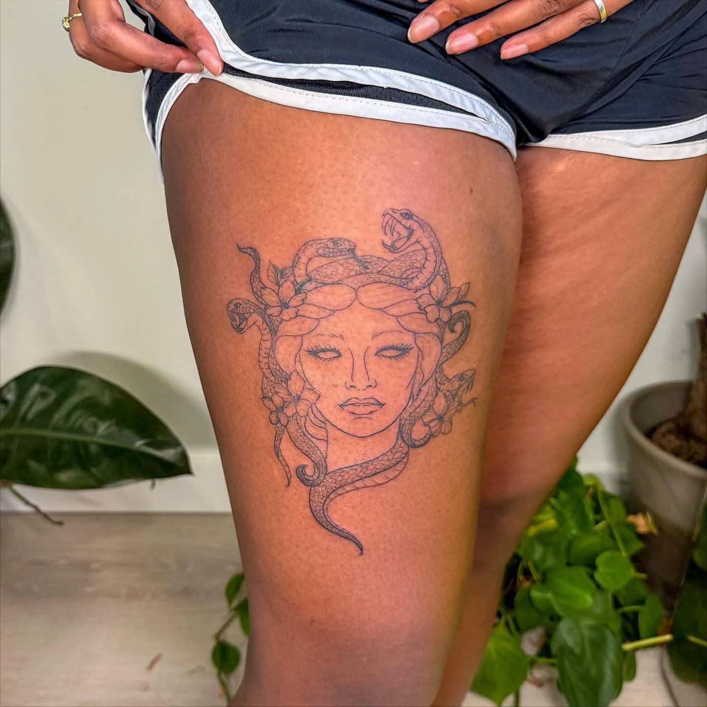 Medusa head for a strong woman&mdash; the upper thigh is a spicy spot to get tattooed not just because of all the nerves and sensitive skin, but because it&rsquo;s a place on the body that holds and stores pain. The hips and thighs are powerful place