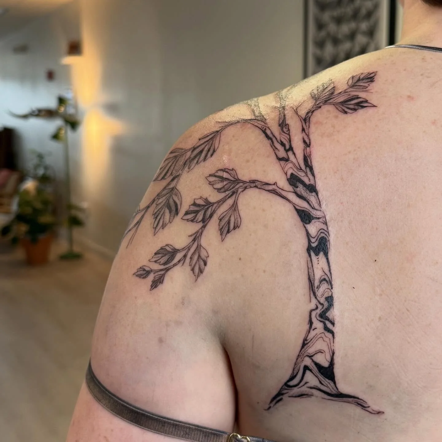 OG client also in the mental health field gets a dope birch tree shoulder wrap! Tattooing fellow counselors is my favorite because we get to unmask for a bit. Taking care of you is the only way to keep going!