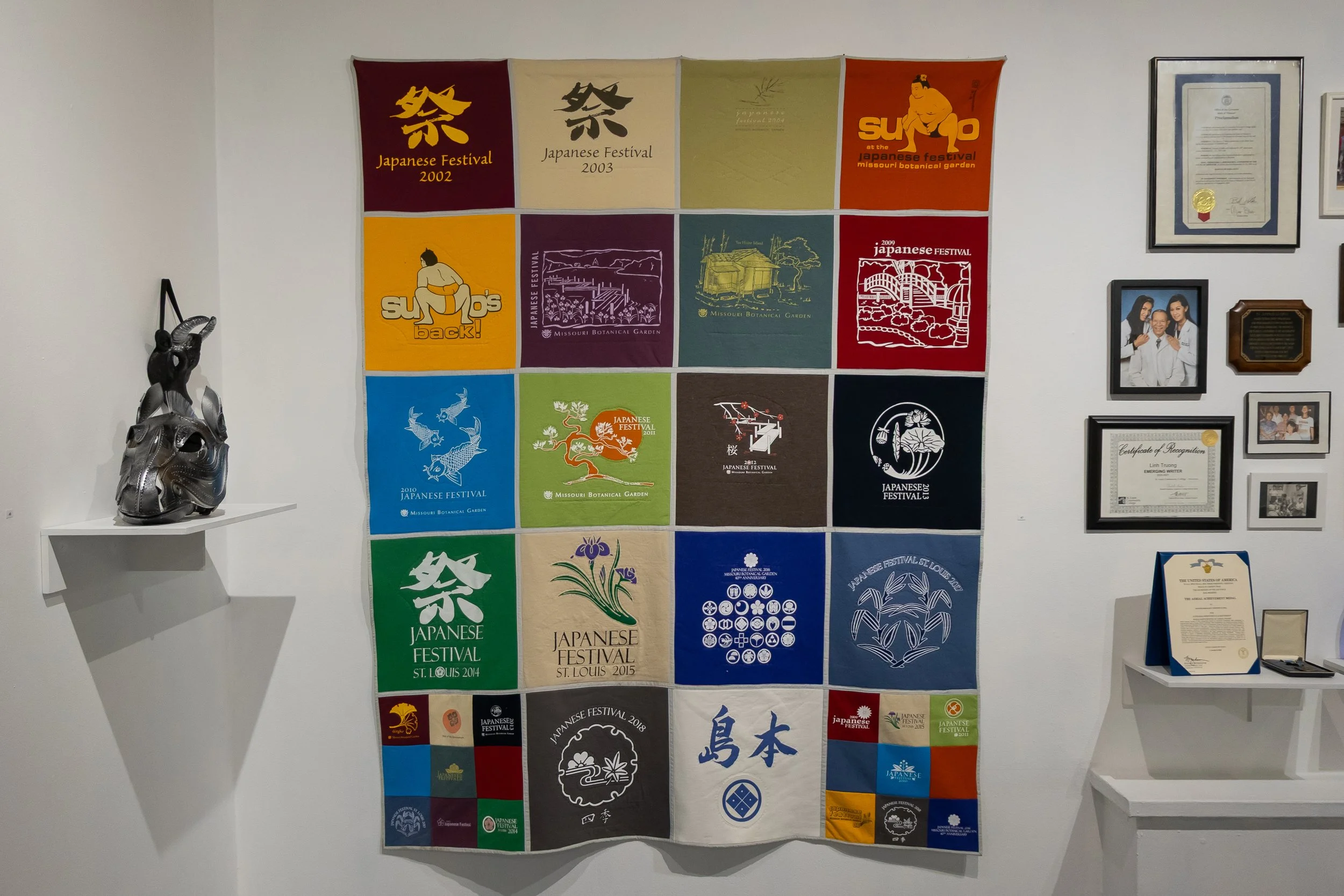 Quilt: Ed Shimamoto's sister made this quilt of St. Louis Japanese Festival t-shirts, a community event that Ed's family has been involved with for decades.