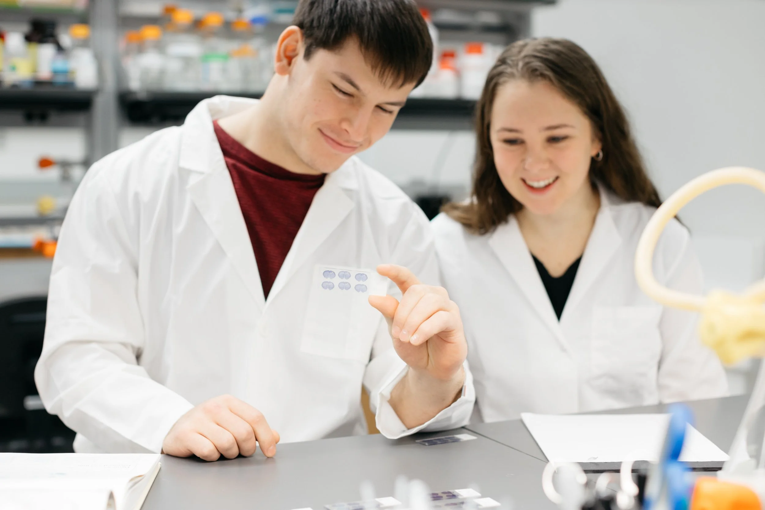 Two students looking at a slide during a science class at North Central College.  Photographed by Sally O’Donnell.