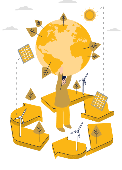 A person holding up a globe surrounded by wind turbines, solar panels, trees, clouds, and the sun, symbolizing renewable energy and environmental sustainability.