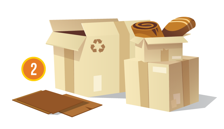 A digital illustration of an open cardboard box with a label indicating level 2, surrounded by flattened cardboard pieces, a rolled-up mat, and some packaging materials.