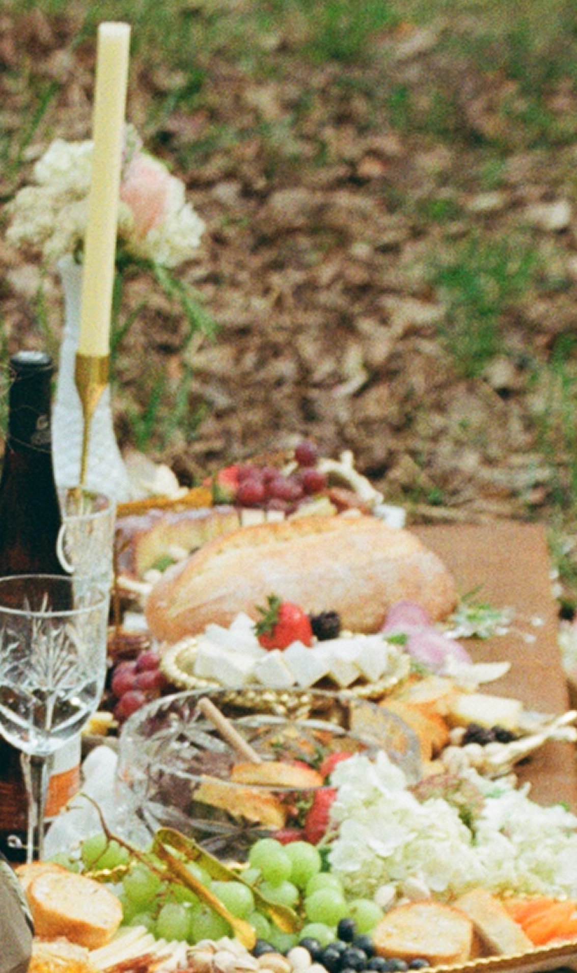 A picnic table with food including bread, grapes, strawberries, cheese, and a sliced meat or loaf in an outdoor setting.