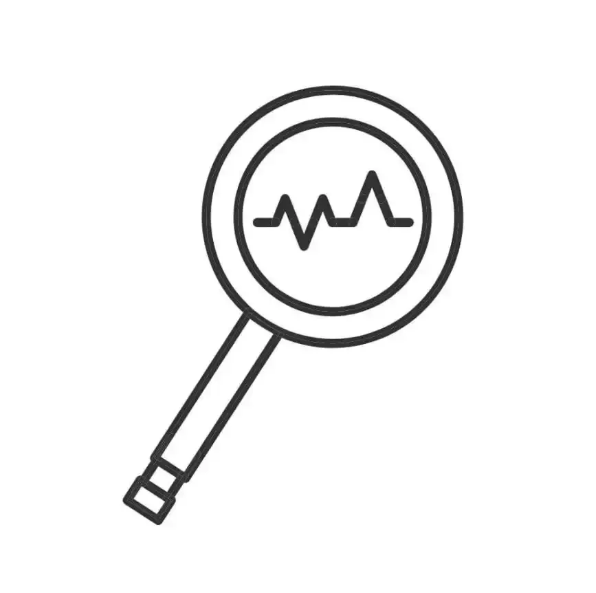 Una lupa en blanco y negro con signos vitales, representando lo vivo y la felicidad del paciente.