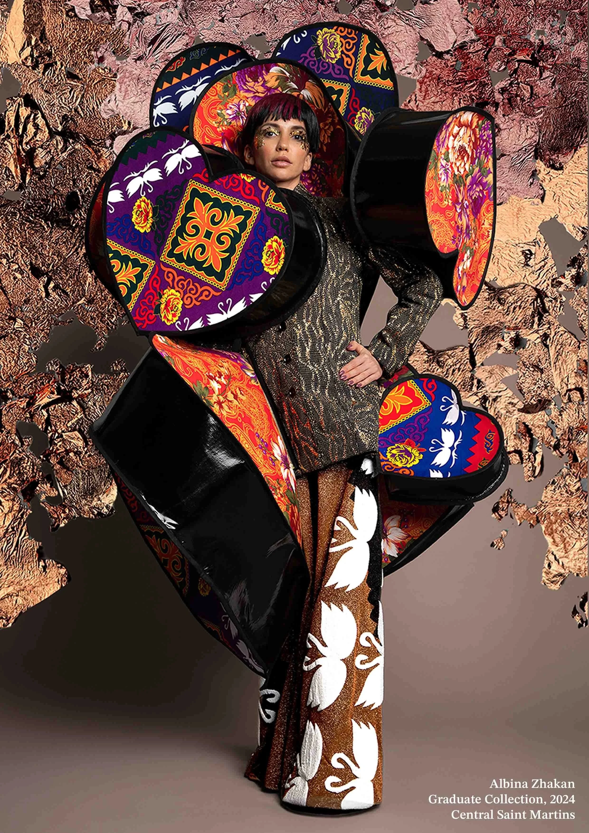 Albina Zhakan Graduate Collection 2024, Look1, Central Saint Martins. The look engages with material histories and features Kazakh cultural elements and textiles sourced from markets in Kazakhstan as well as family archives and long tradition of fabr