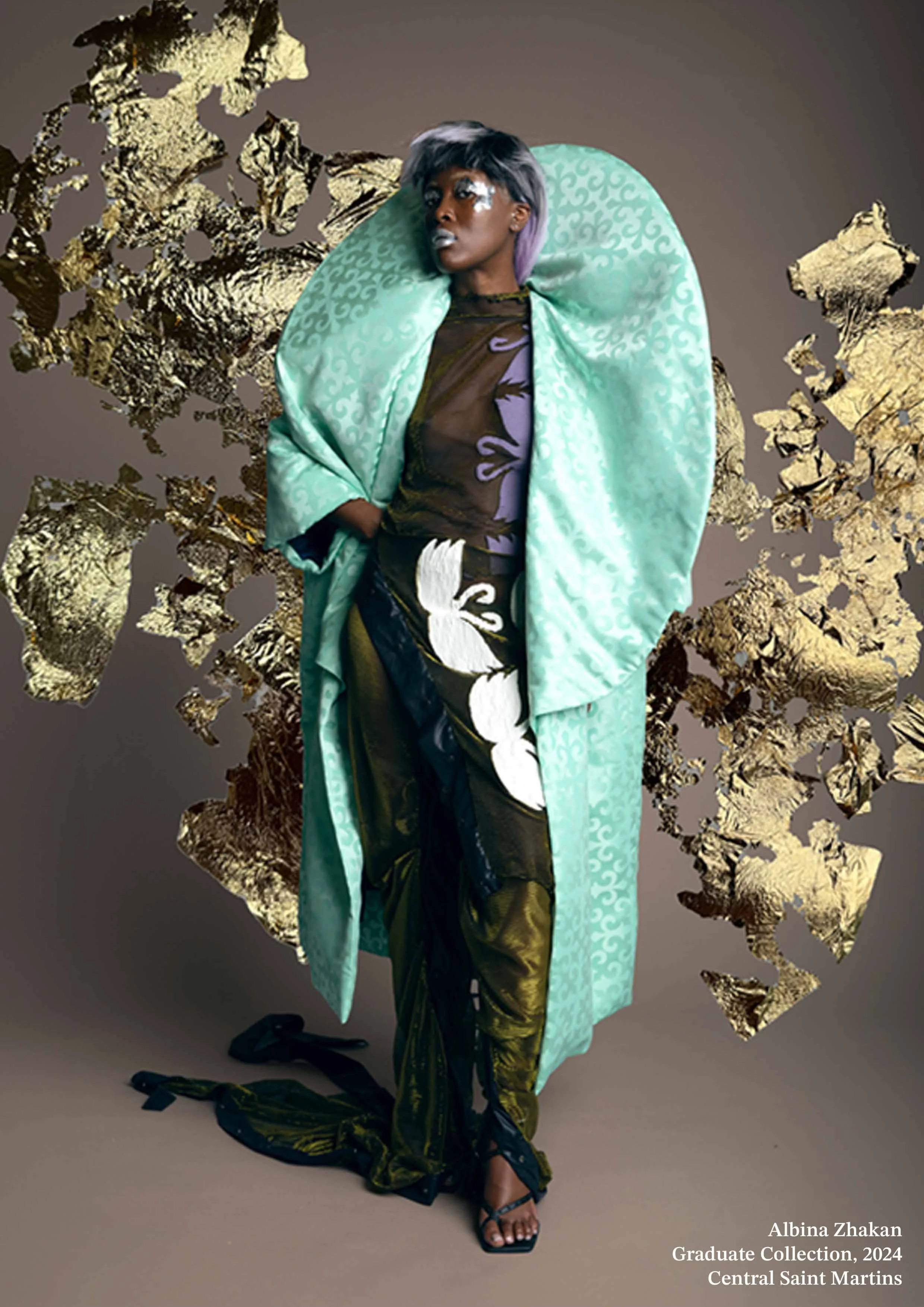 Albina Zhakan Graduate Collection 2024, Look6, Central Saint Martins. The look engages with material histories and features Kazakh cultural elements and textiles sourced from markets in Kazakhstan as well as family archives and long tradition of fabr