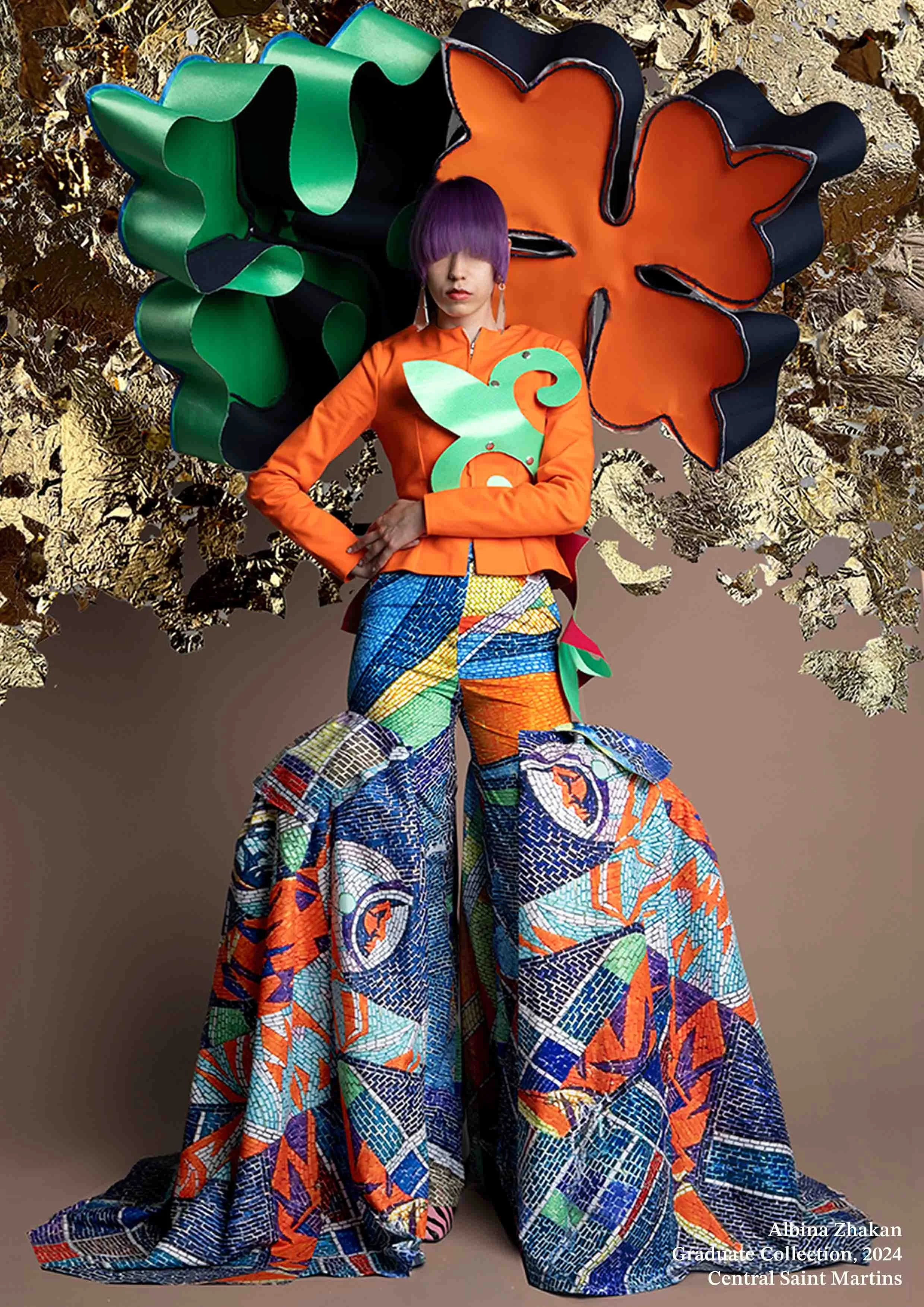 Albina Zhakan Graduate Collection 2024, Look2, Central Saint Martins. The look engages with material histories and features Kazakh cultural elements as well as Soviet Mosaics