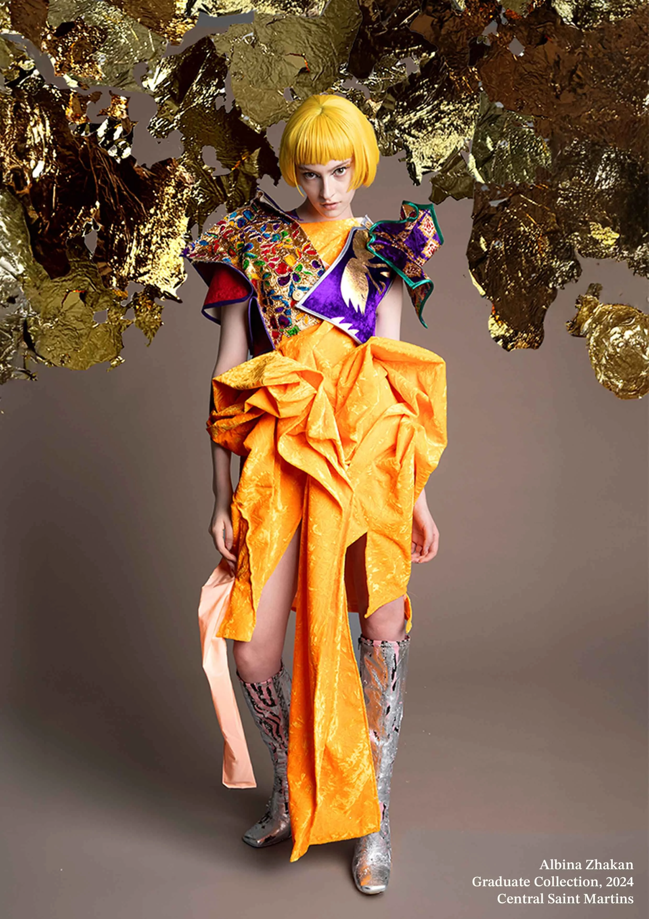 Albina Zhakan Graduate Collection 2024, Look3, Central Saint Martins. The look engages with Kazakh cultural elements and tastes featuring textiles sourced from Kazakhstan.