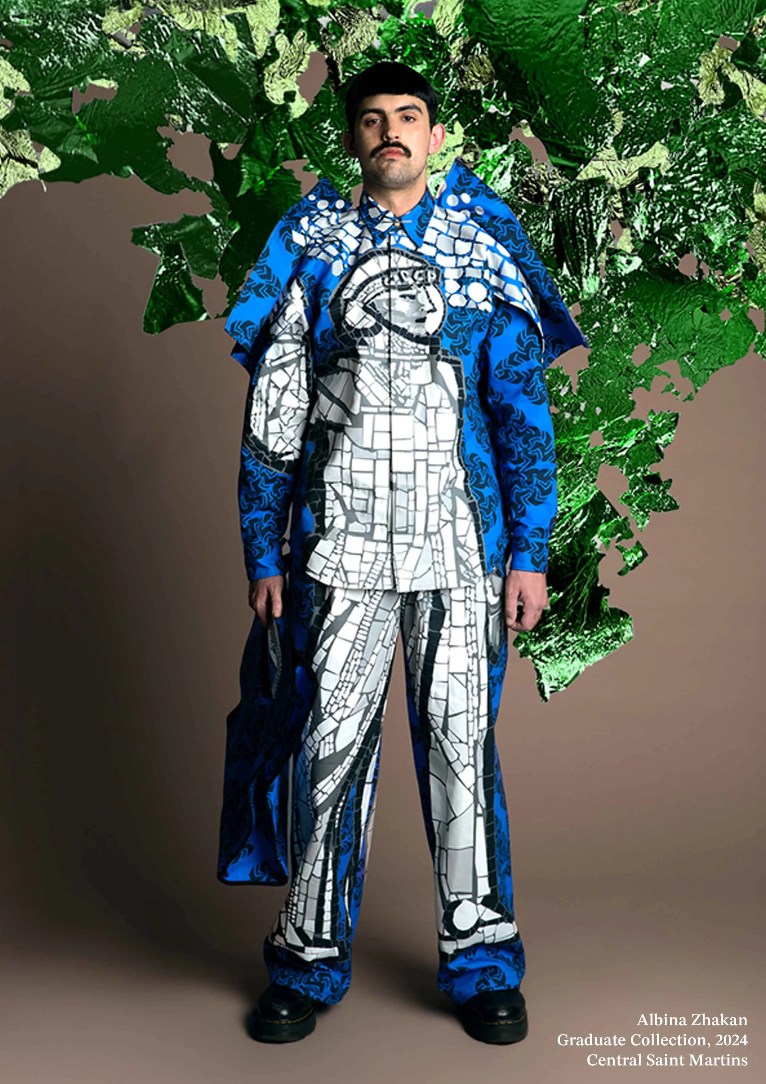 Albina Zhakan Graduate Collection 2024, Look5, Central Saint Martins. The look engages with material histories and features Kazakh cultural elements as well as Soviet Mosaics