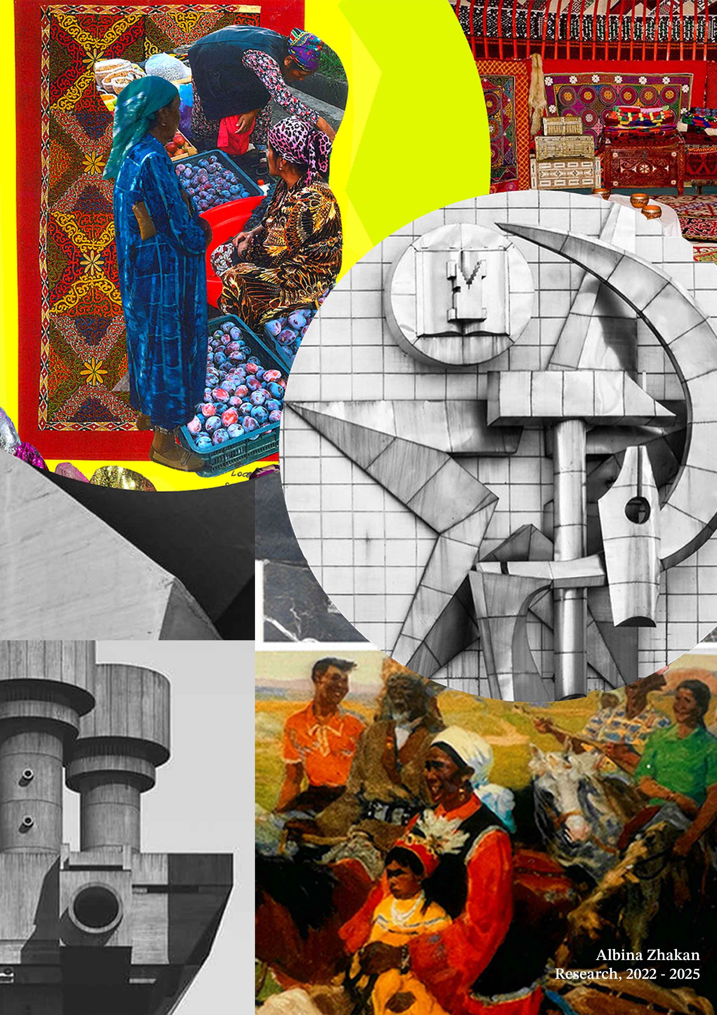 Albina Zhakan Cultural Research Visual References featuring Soviet Monuments and brutalist architecture, Central Asian art created during Soviet times and personal research of Kazakh traditional textiles and clothing from contemporary Kazakh people.