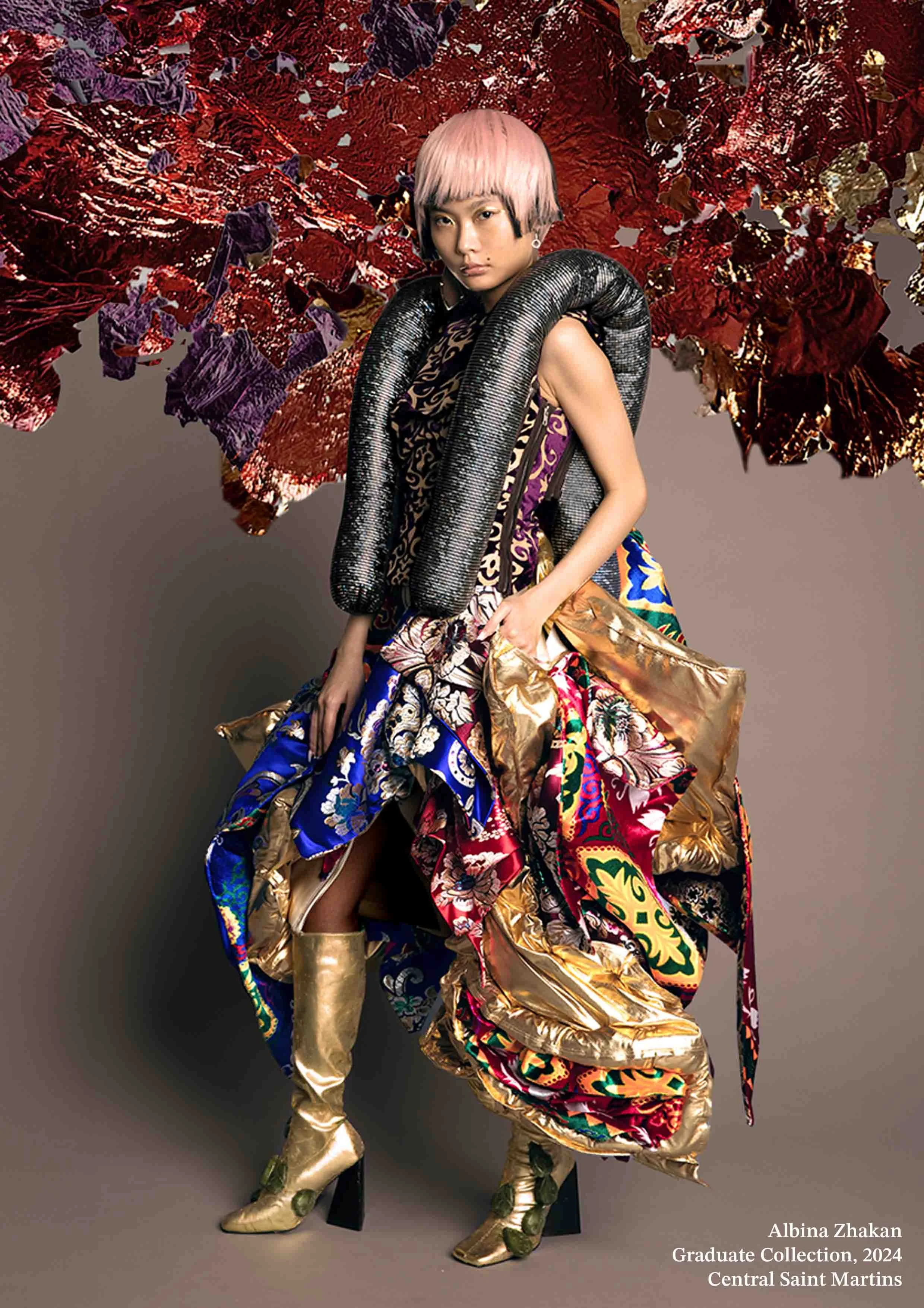 Albina Zhakan Graduate Collection 2024, Look4, Central Saint Martins. The look engages with material histories and features Kazakh cultural elements and textiles sourced from markets in Kazakhstan as well as family archives and long tradition of fabr