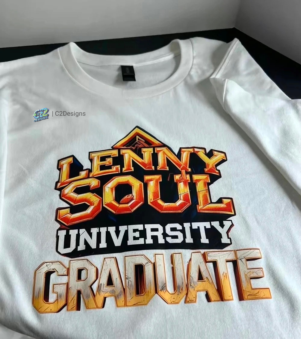 White T-shirt with a graphic design that reads 'Lenny Soul University Graduate' in colorful, bold letters.