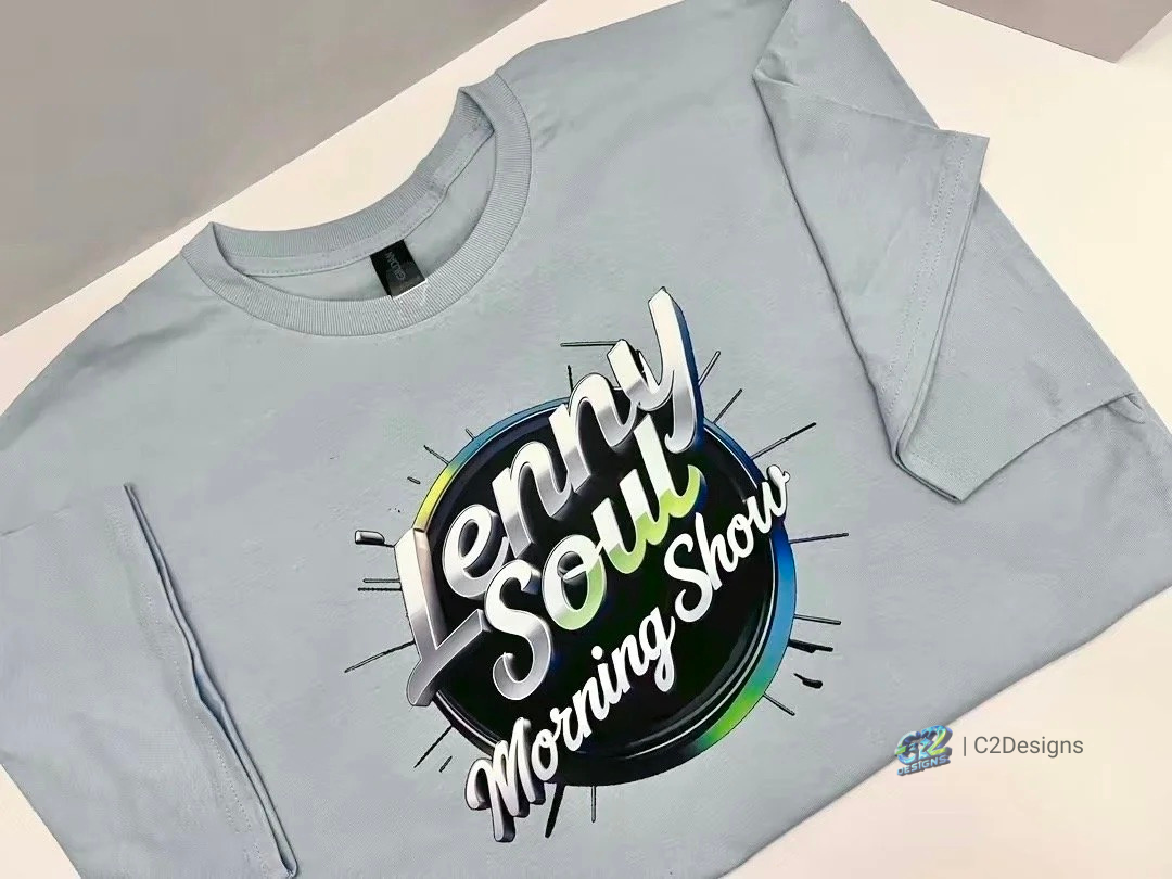 Light grey sweatshirt with a colorful circular logo that reads "Lovely Sound Morning Show" and a small logo for C2 Designs.