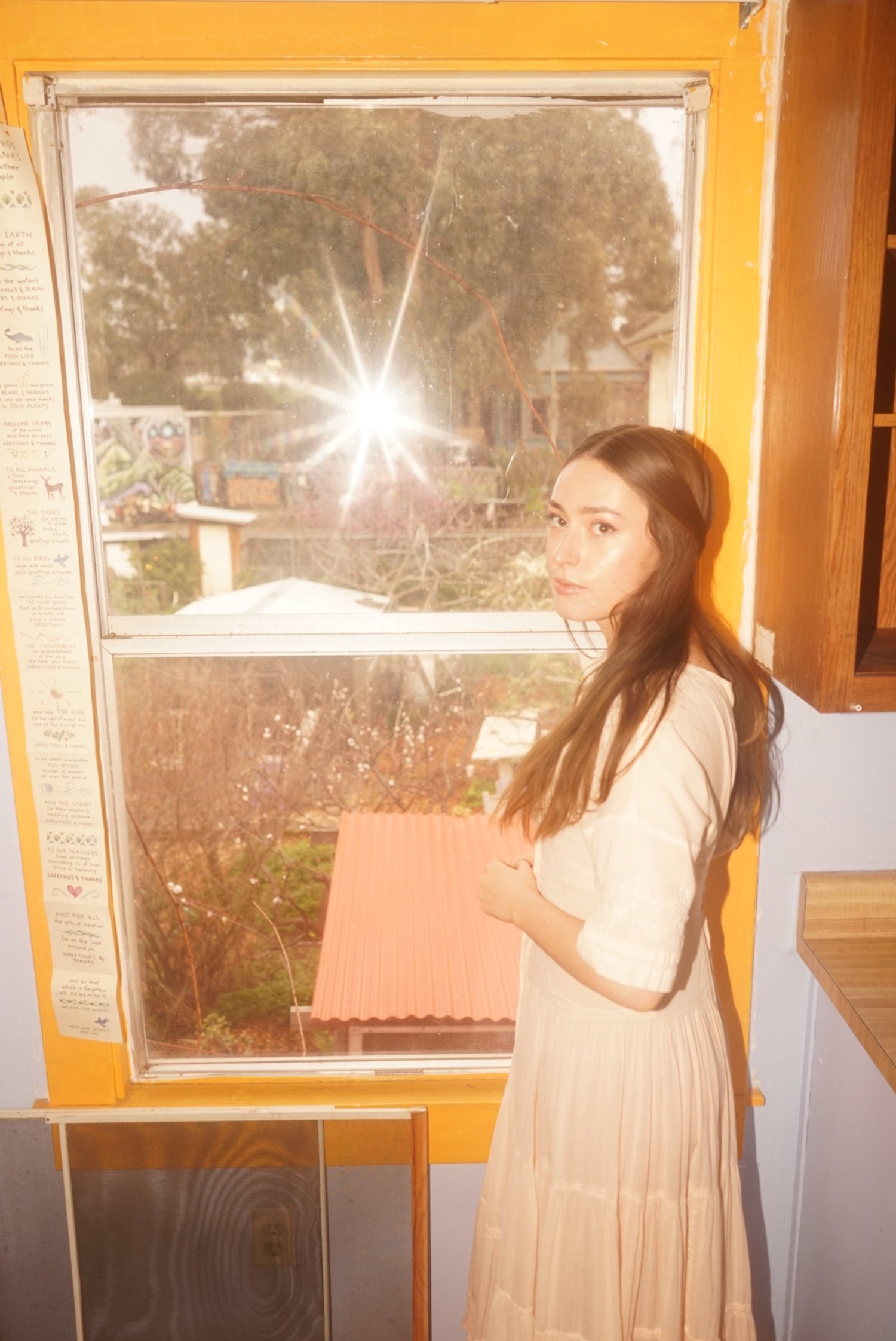 A young woman with long brown hair standing inside near a window, with sunlight shining through, showing an outdoor scene with trees, a building with a red roof, and some distant structures.