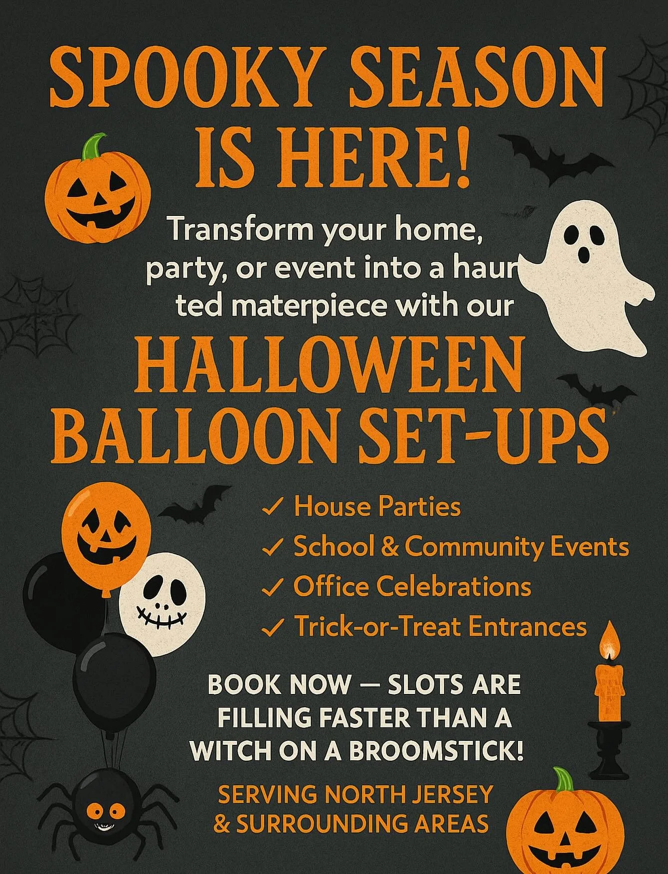 π»β¨ Spooky season is here, and we’re bringing the BOO-tiful vibes to North Jersey! Whether it’s a house party, office bash, school event, or trick-or-treat entrance — our Halloween balloon set-ups will transform your space into a ha