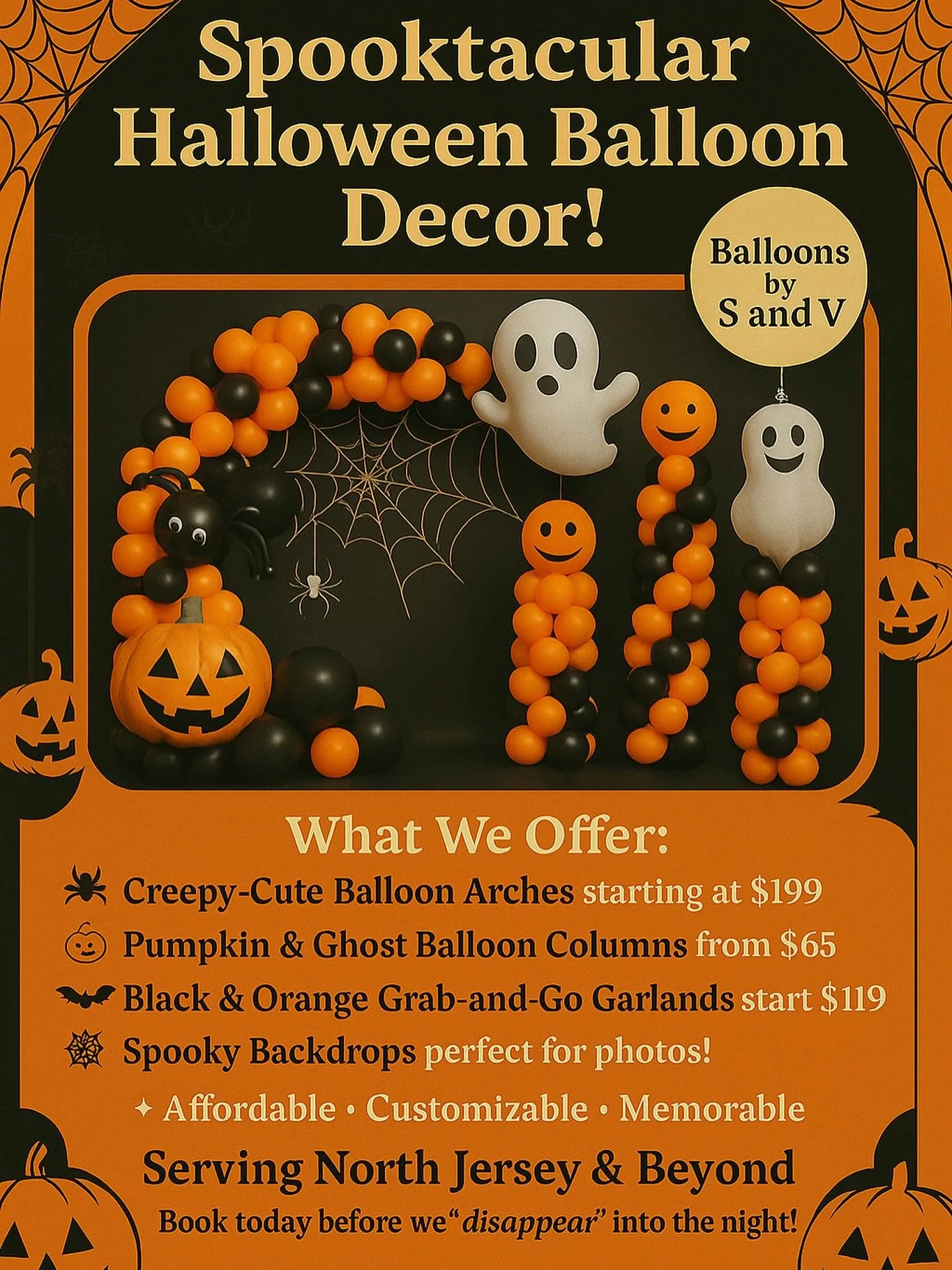 Get your party boo-tifully decked out! π»
Our Halloween balloon decor brings all the spooky charm — from ghostly columns to pumpkin arches. Perfect for school events, house parties, or photo ops!
πServing North Jersey & beyond
β¨ Affordable