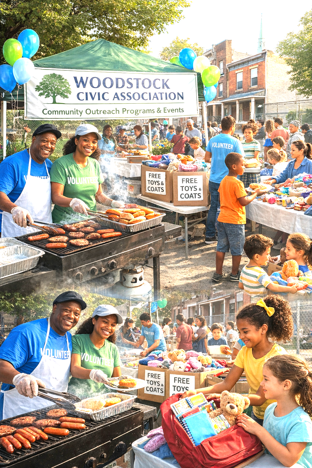 Community event at Woodstock Civic Association with volunteers grilling hot dogs and passing out free toys and coats to children and families.