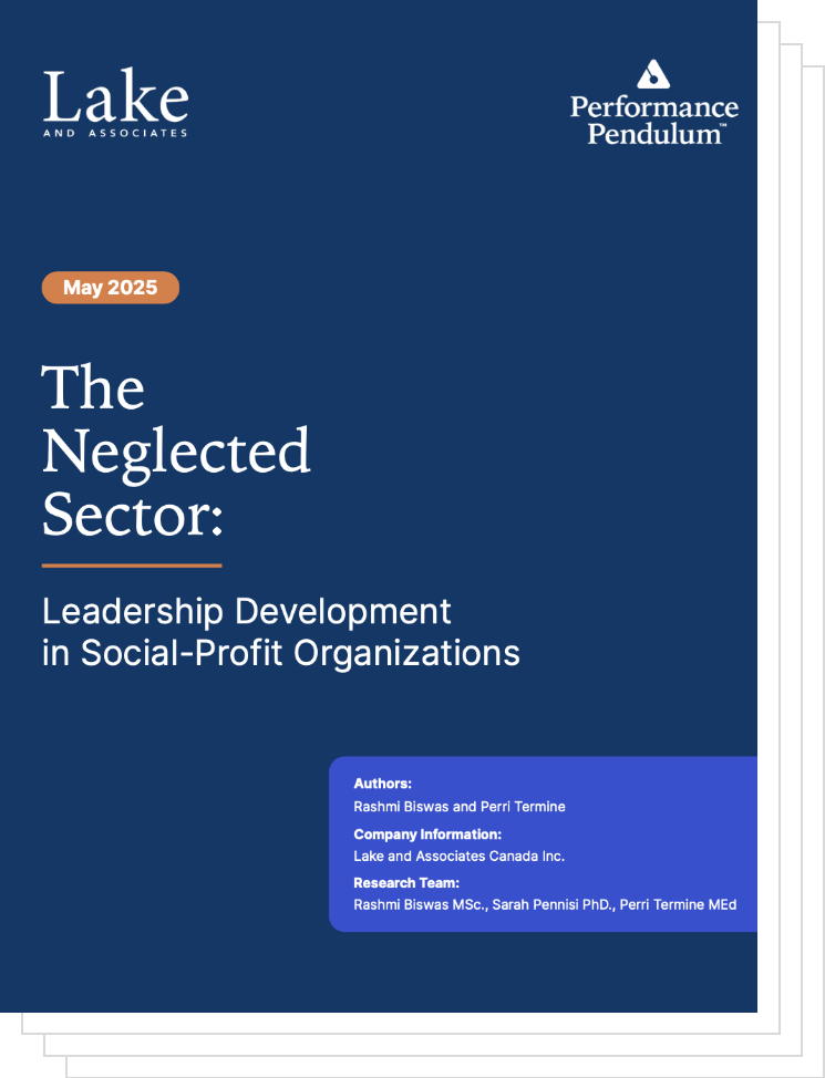 A report cover titled 'The Neglected Sector: Leadership Development in Social-Profit Organizations' published by Lake and Associates in May 2025. The cover features the Lake and Associates logo, the Performance Pendulum logo, and author and research team information, with a blue background.