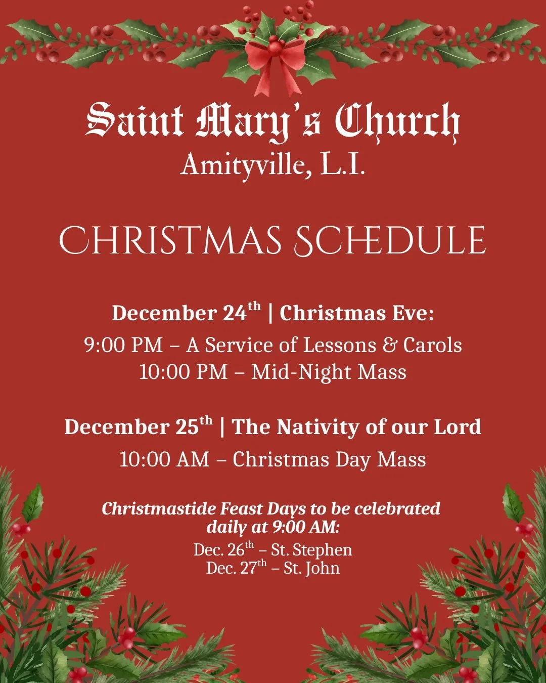 We wish you all a blessed Advent and Christmas season! Please see our Christmas schedule of services below. Invite your friends and family to join us as we celebrate the birth of our Savior!