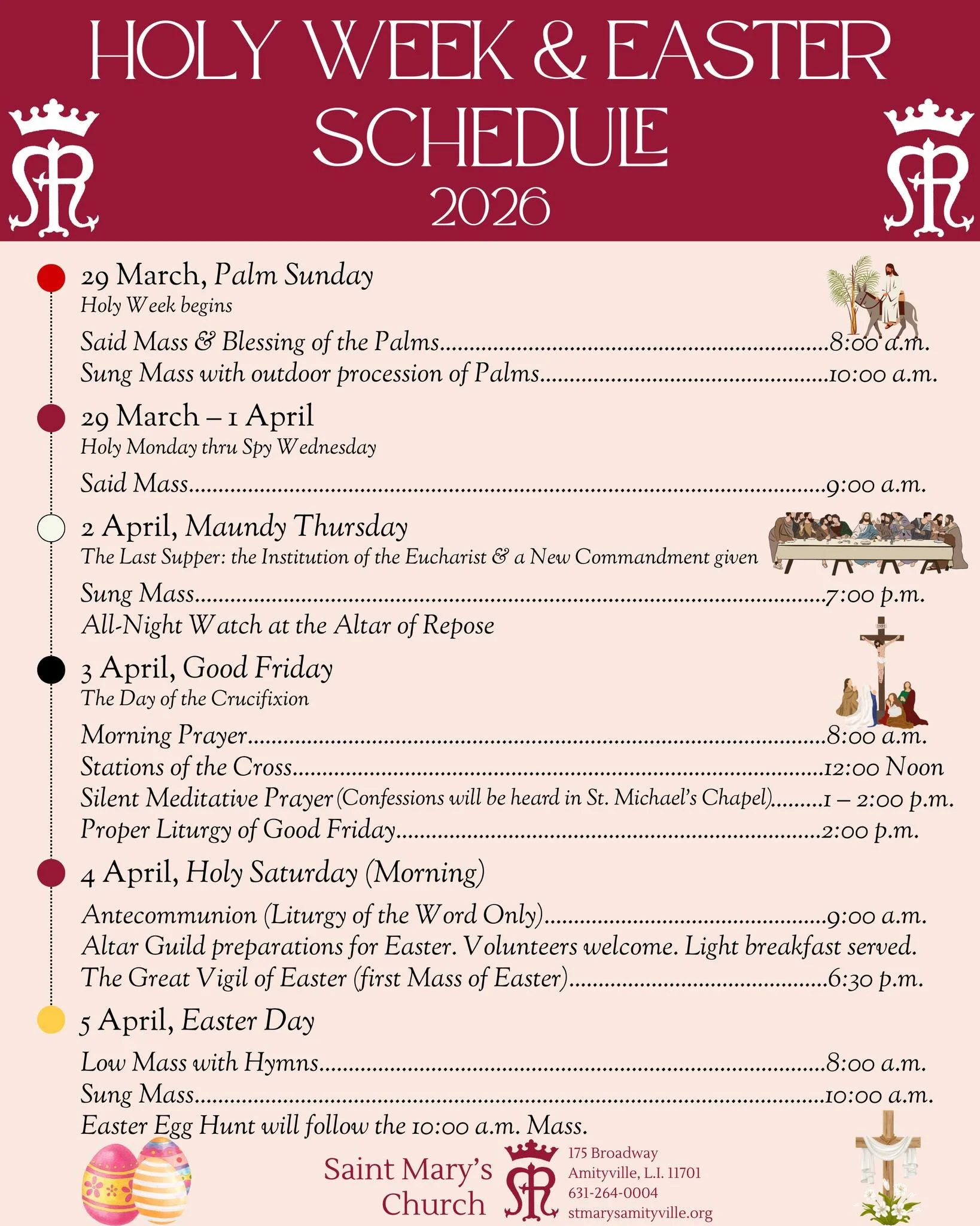 A Holy &amp; Blessed season of Lent to you all! As we prepare for Holy Week and Easter, please see our schedule listed below. 

We would like to draw particular attention to the Great Vigil of Easter at 6:30 p.m. on the eve of Easter morning. This be