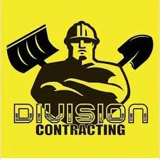 Logo for Division Contracting featuring a muscular worker in a hard hat holding a snow shovel, with the company name below in black text on a yellow background.