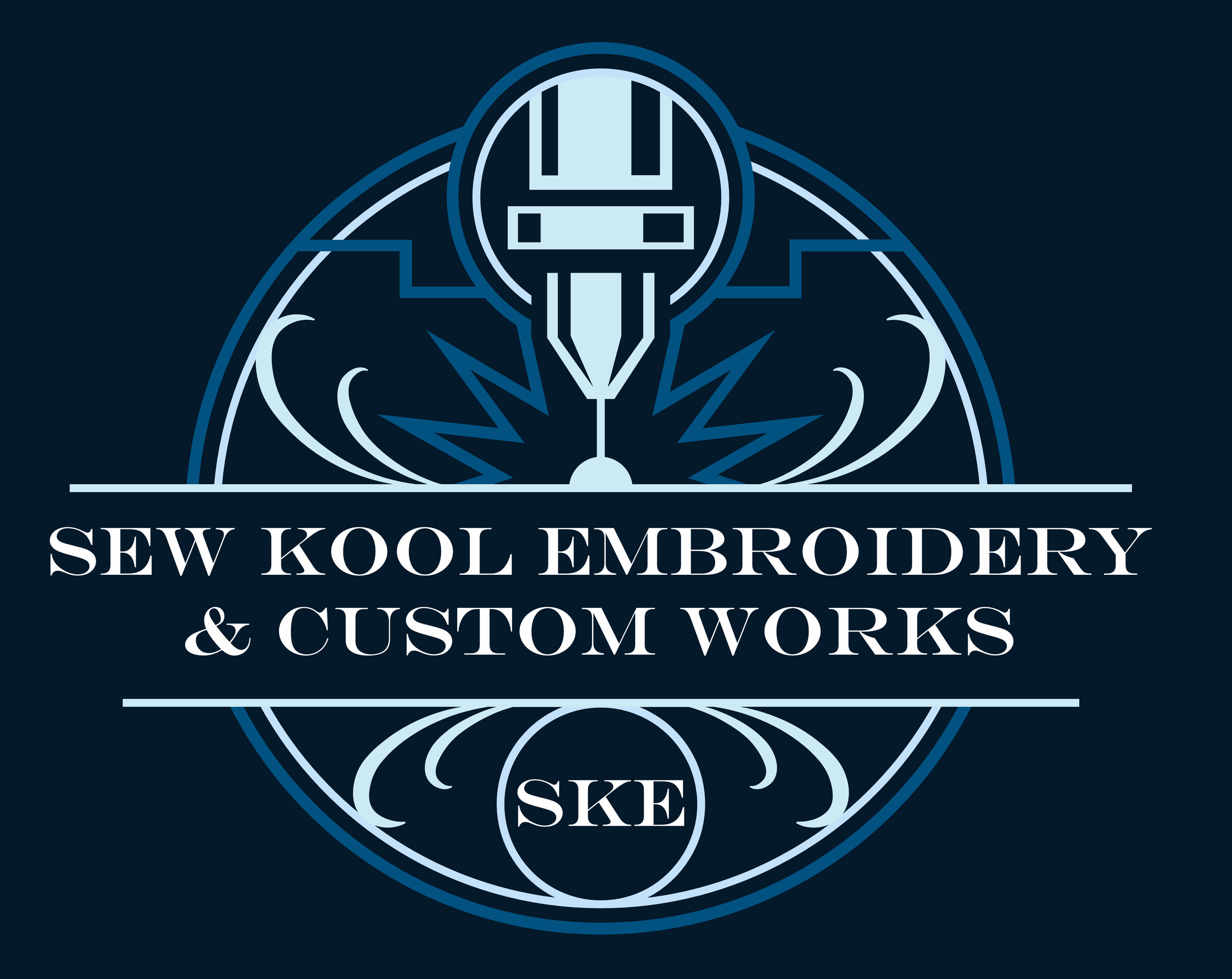 Logo for Sew Kool Embroidery & Custom Works featuring a needle and thread design, with the initials SKE, in shades of blue and white.