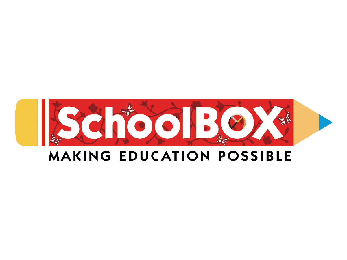 A graphic design of a red and yellow pencil with the words 'SchoolBox' and 'Making Education Possible' on it, decorated with floral and butterfly patterns.