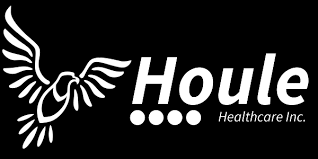 Logo of Houle Healthcare Inc. featuring a stylized bird with wings spread, in white on a black background.