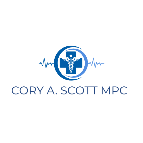 Medical logo featuring a caduceus symbol within a circle, flanked by heartbeat lines, with the text 'Cory A. Scott MPC' below.