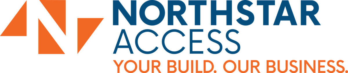 An abstract geometric design with orange, dark blue, and light blue shapes.