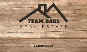 Logo for Team Babs Real Estate on a wooden background, featuring a mountain and house icon with text