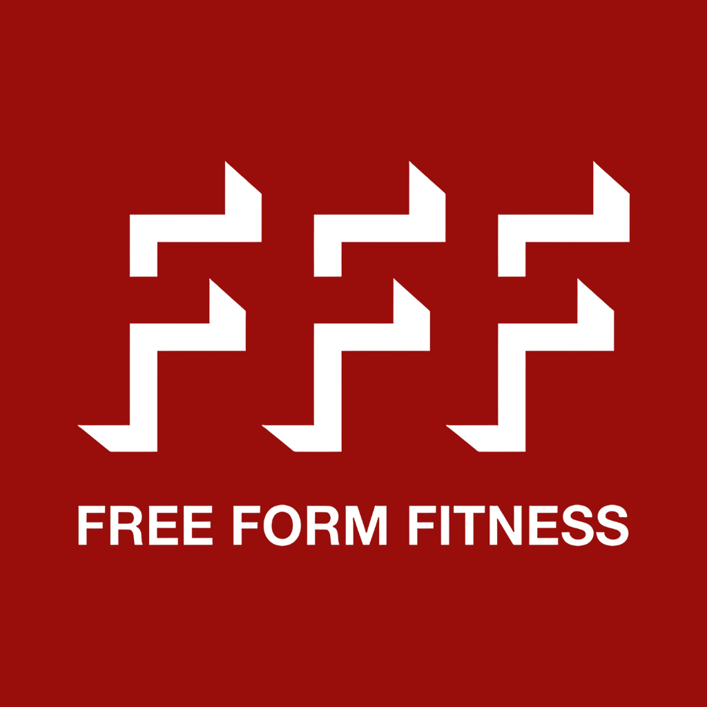 A red background with a white stylized graphic of six abstract human figures in motion, accompanied by the text 'FREE FORM FITNESS'.