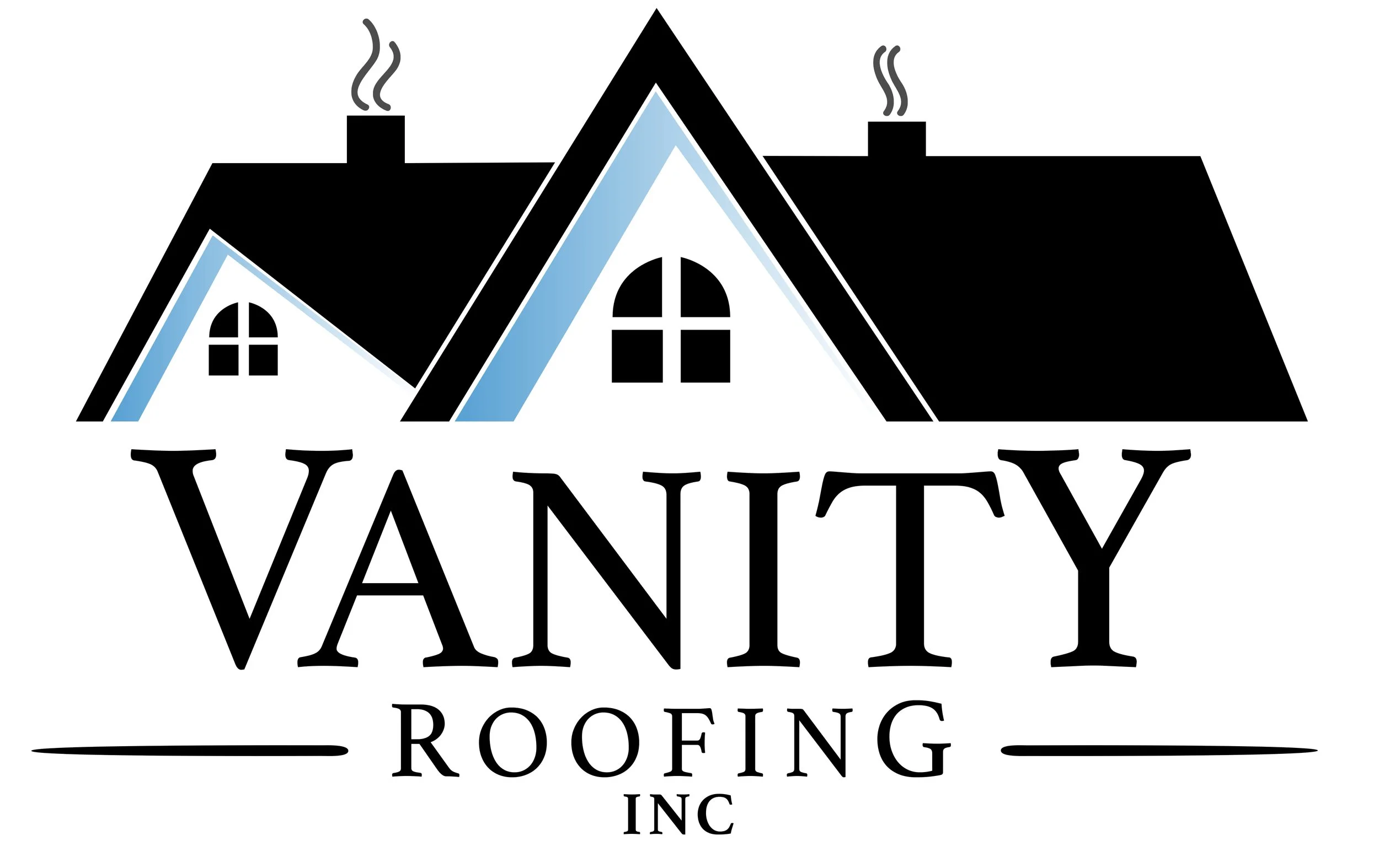 Logo for Vanity Roofing Inc., showing a black and white house with two roofs, four windows, and two chimneys emitting smoke.
