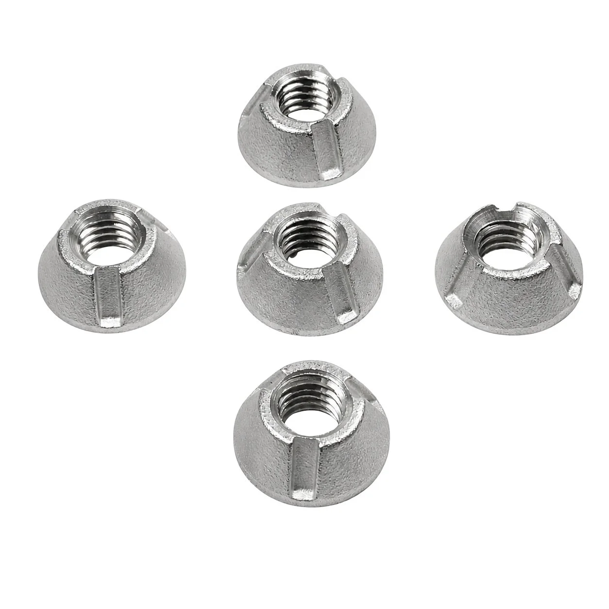 Five 1/4-20 316 stainless steel Tri-Groove tamper-resistant security nut