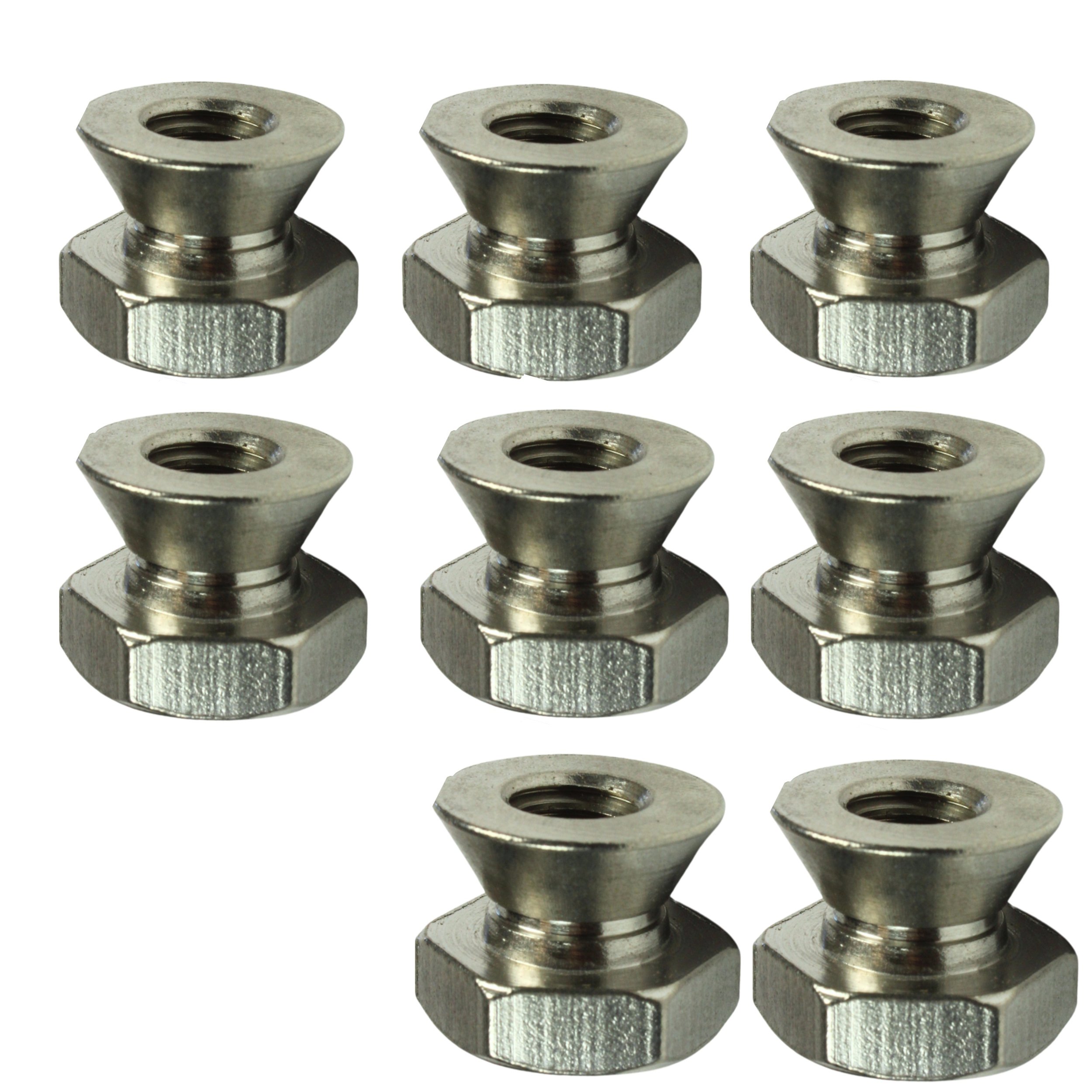 Eight 5/16-18 304 stainless steel breakaway shear nuts for permanent tamper-resistant installation