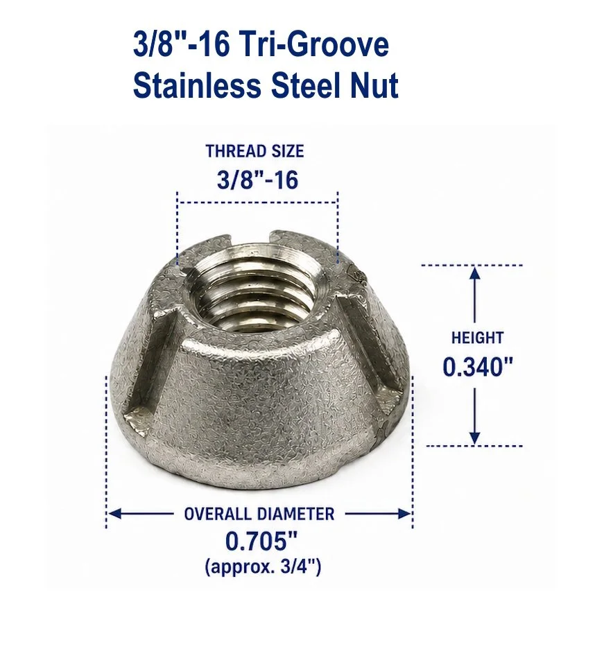 Dimensions of a 3/8-16 304 stainless steel Tri-Groove security nut