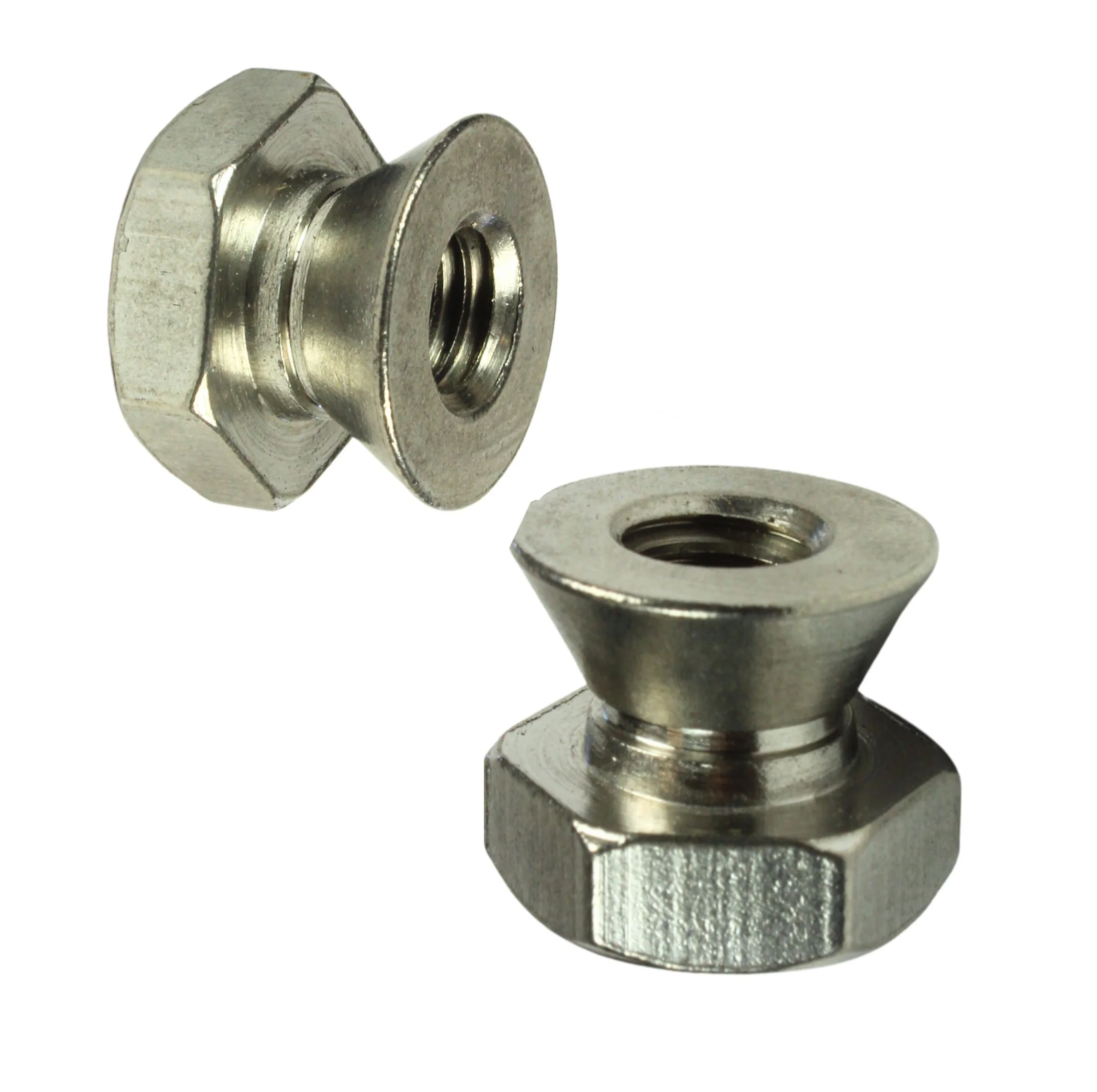 Two 5/16-18 304 stainless steel breakaway shear nuts for permanent tamper-resistant installation