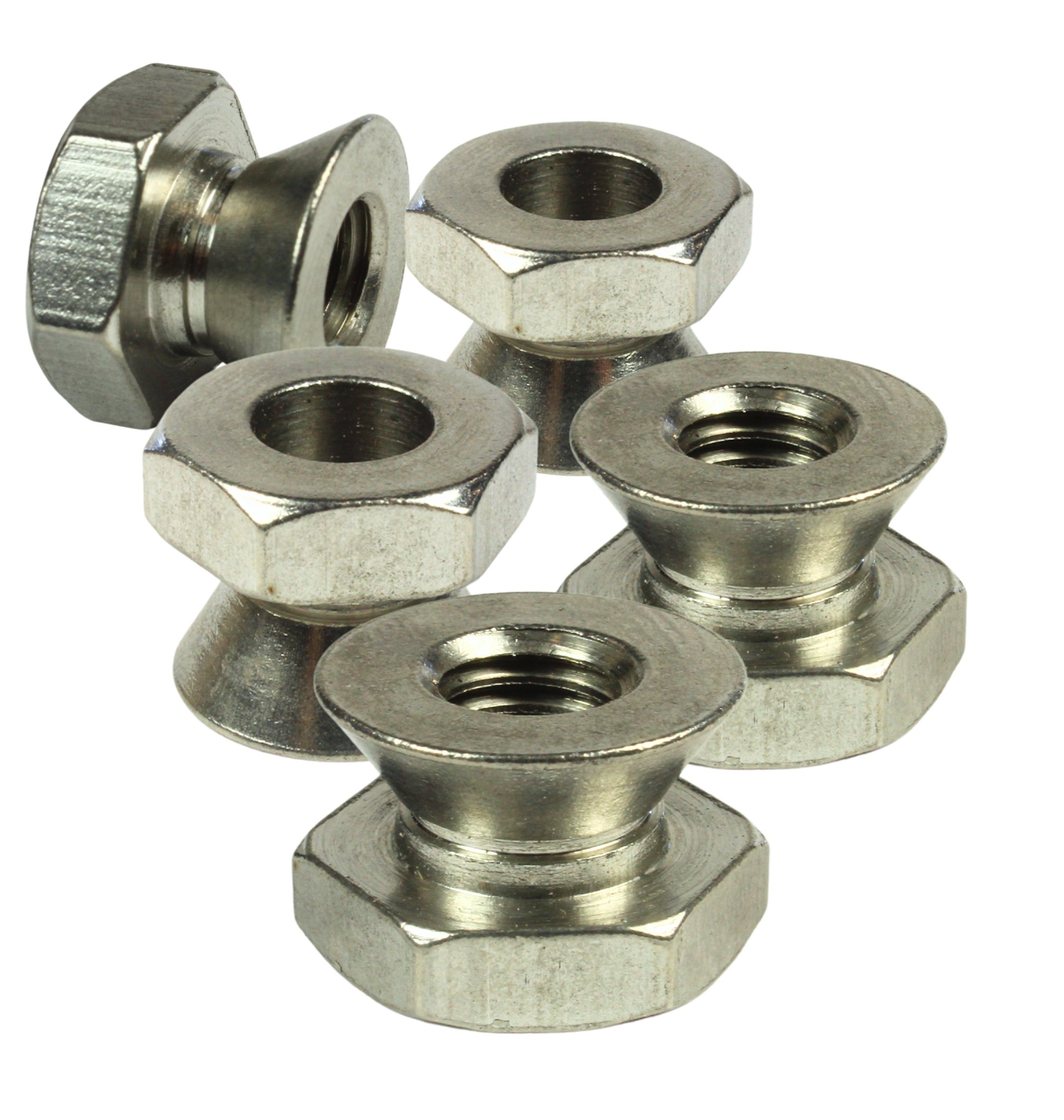 Five 5/16-18 304 stainless steel breakaway shear nuts for permanent tamper-resistant installation