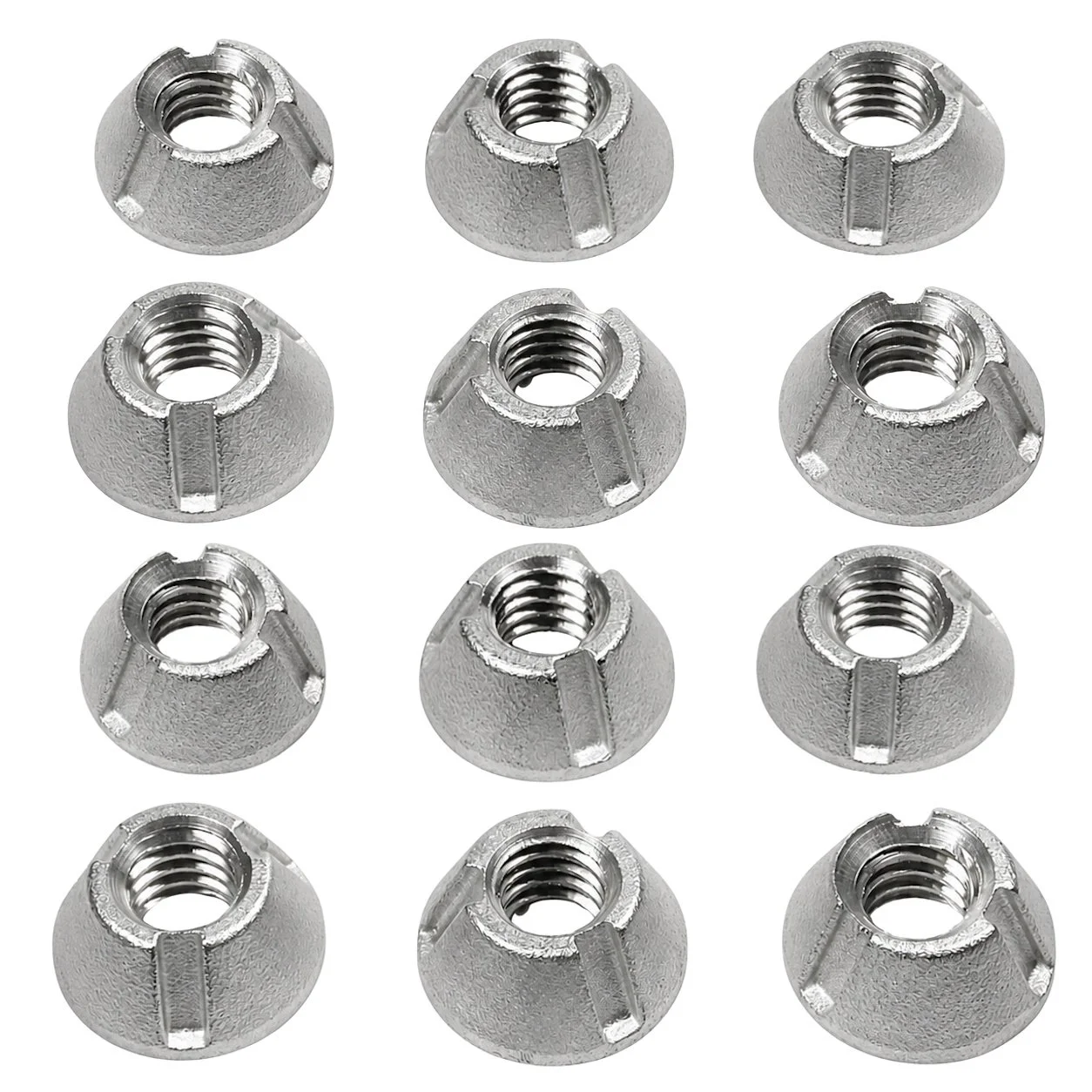 Twelve 3/8-16 304 stainless steel Tri-Groove tamper-resistant security nuts