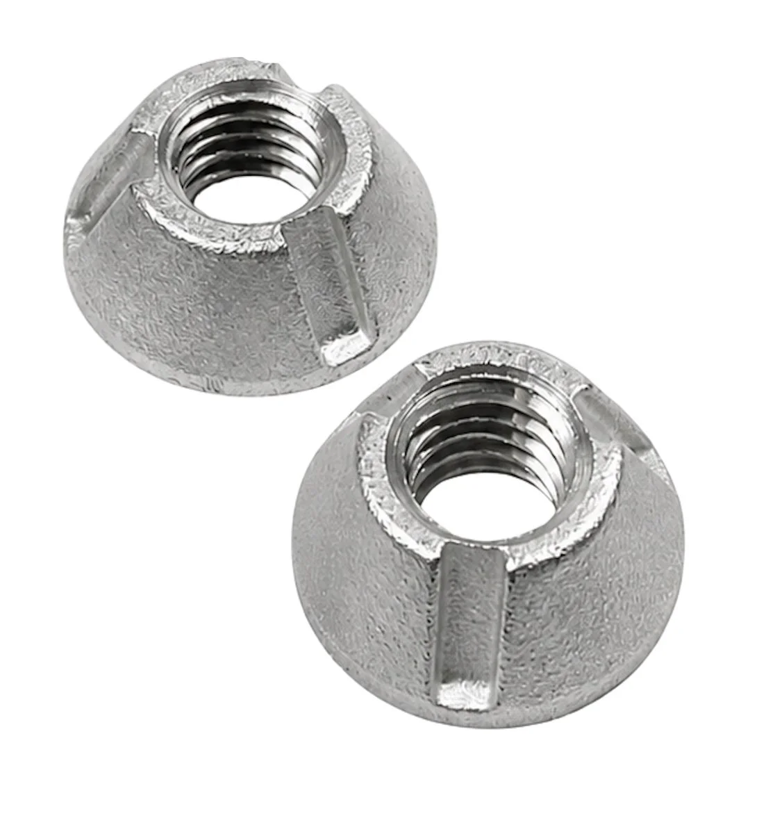 Two 3/8-16 304 stainless steel Tri-Groove tamper-resistant security nuts