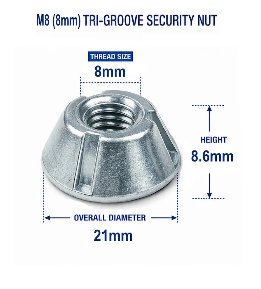 Dimensions of the M8-1.25 Tri-Groove tamper-resistant security nut