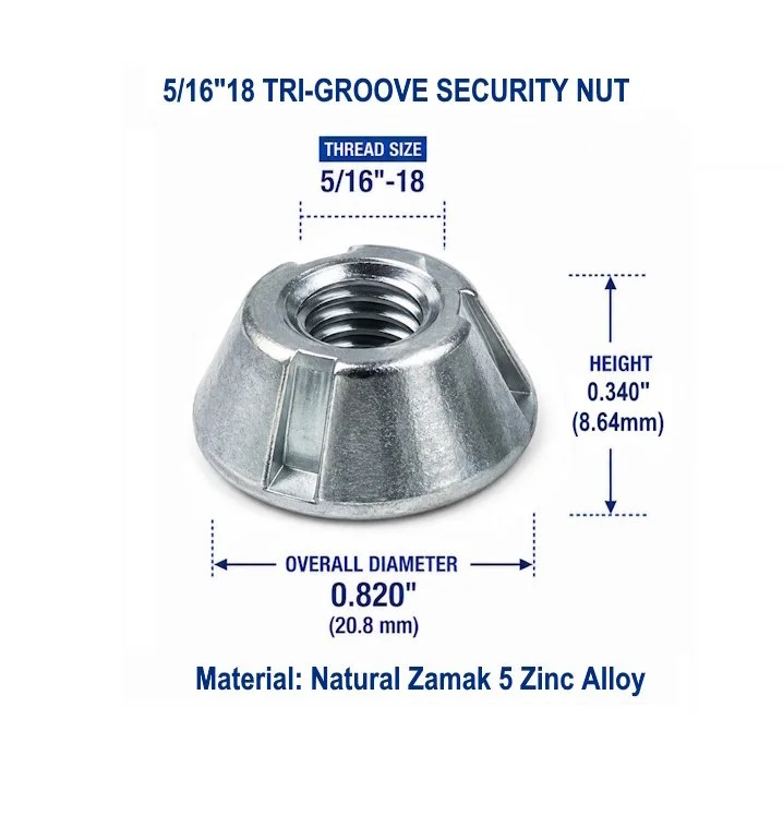 Dimensions of the 5/16-18 Tri-Groove tamper-resistant security nut